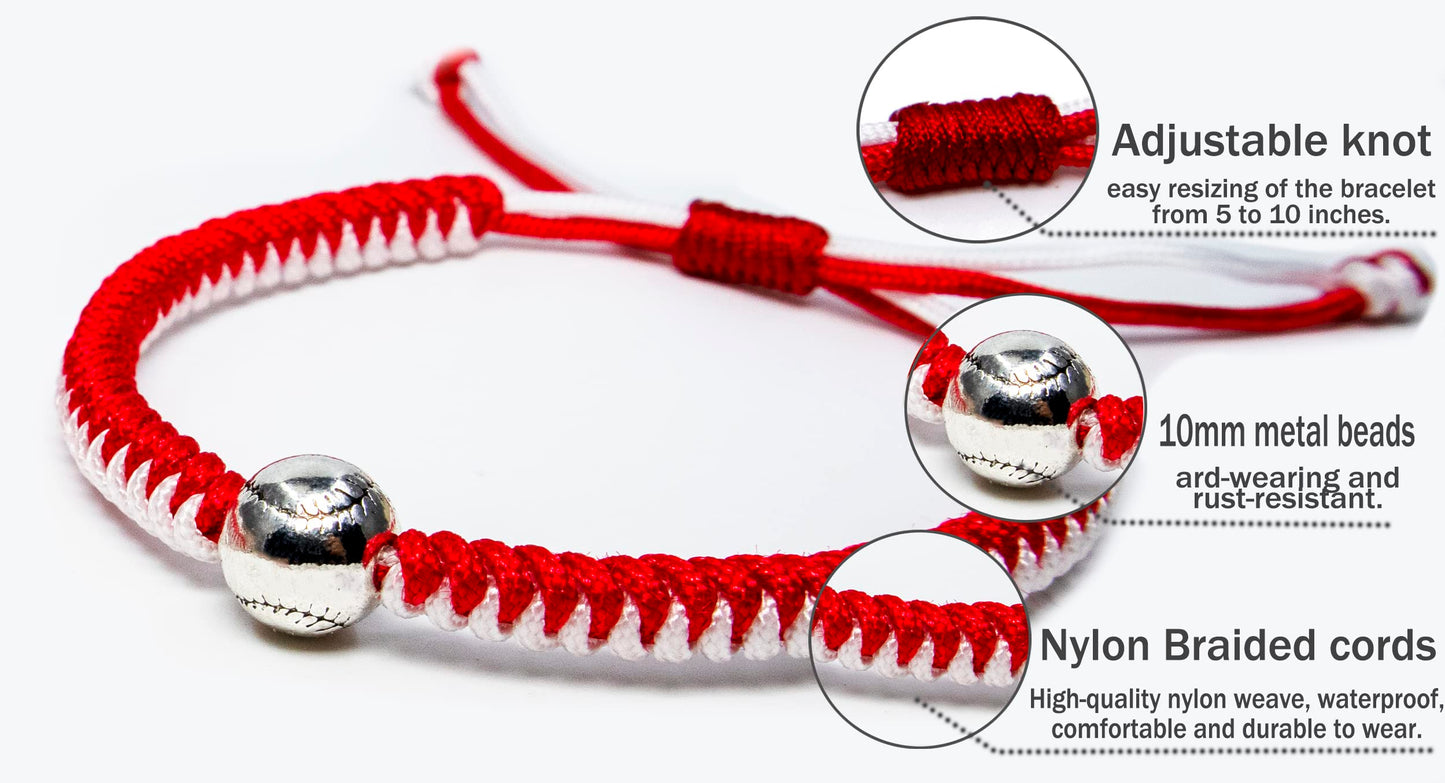 Handmade Braided Bracelets Baseball Gifts for Boys Adjustable Wristbands with Baseball Beads, Inspirational Baseball Bracelets for Girls Teens Adults (Red 2PCS)