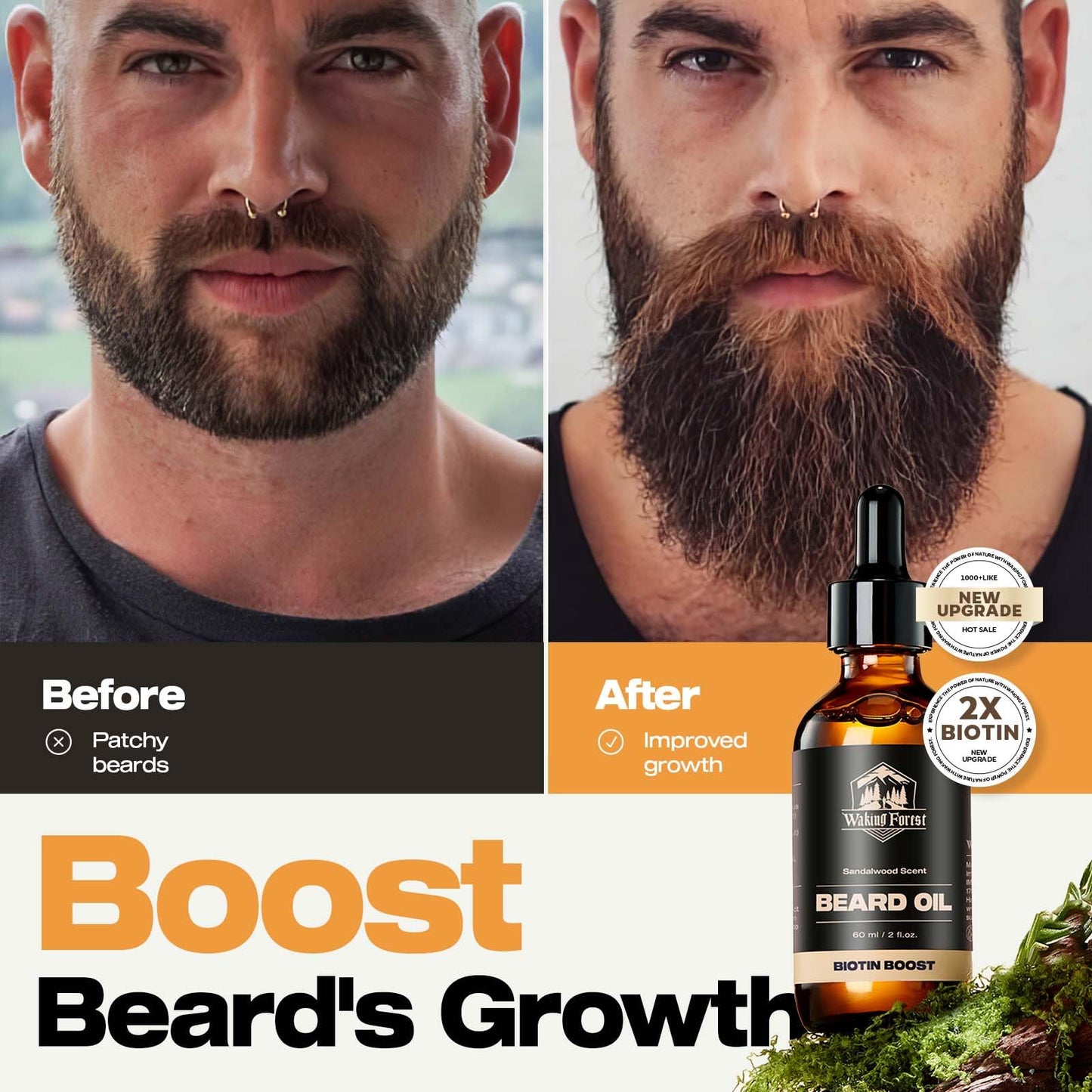 Waking Forest Beard Growth Oil - Biotin Sandalwood Oil with Vitamin E, Rosemary & Castor for Thicker, Softer, Stronger Beards (2oz)