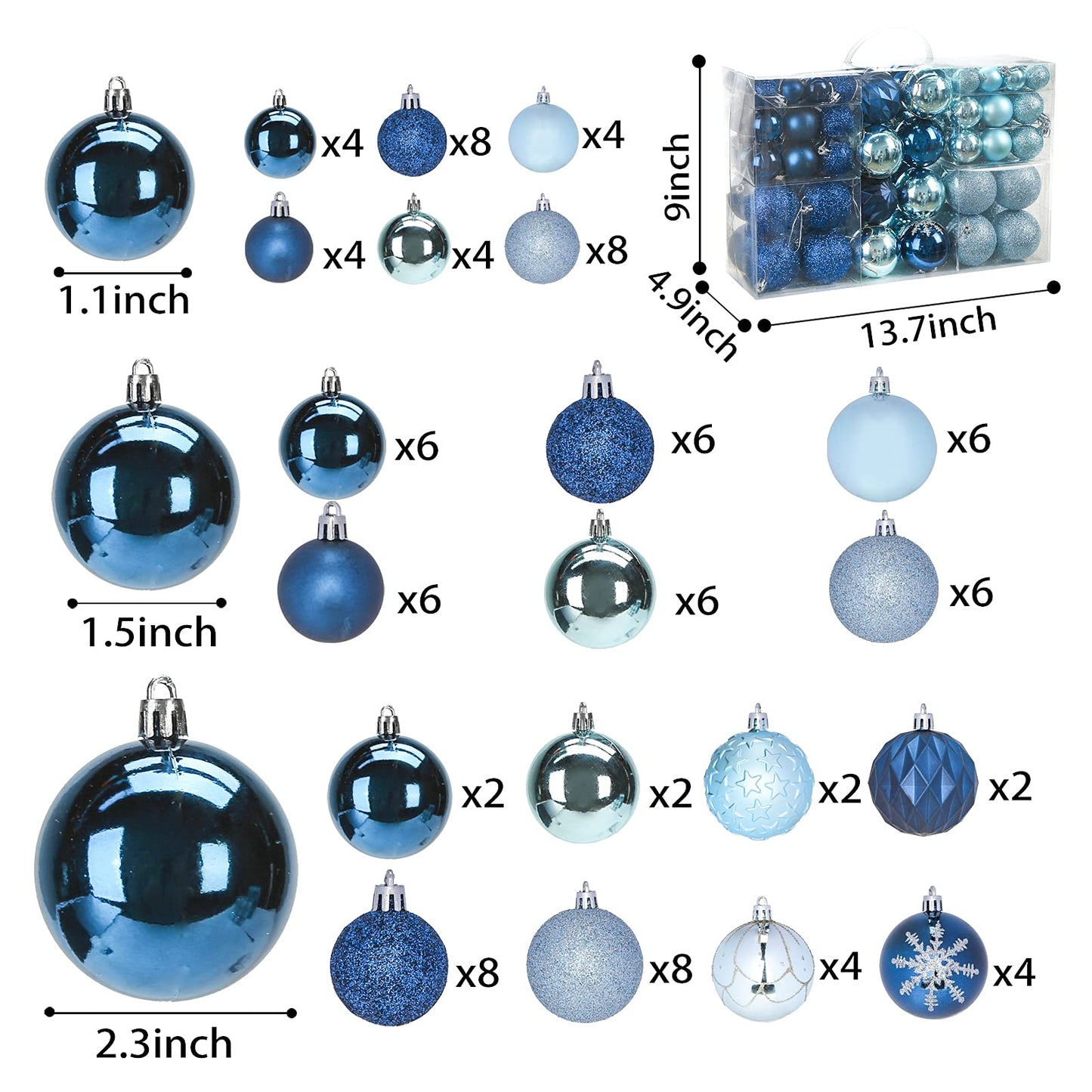 DomeStar 100PCS Shatterproof Blue Christmas Ornament Set - Glitter Balls for Tree Decor and Wreaths