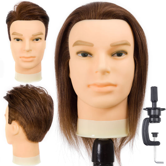 DIRUISI Male Mannequin Head with 100% Human Hair Haircut Training Head Hairdresser Manikin Head Doll Head for Hair Styling and Practice (8Inch 3B#)