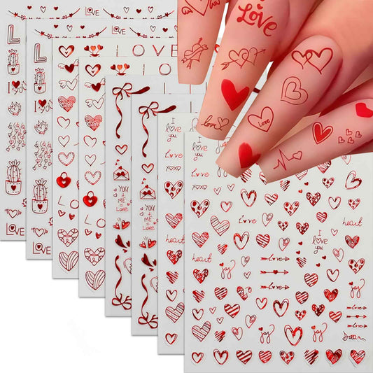8Pcs Valentines Nail Art Stickers Decals Red Heart Nail Sticker Valentines Nail Decals 3D Self-Adhesive Laser Red Love Heart Nail Design Nail Supplies Nail Decoration for Women Girls DIY Manicure