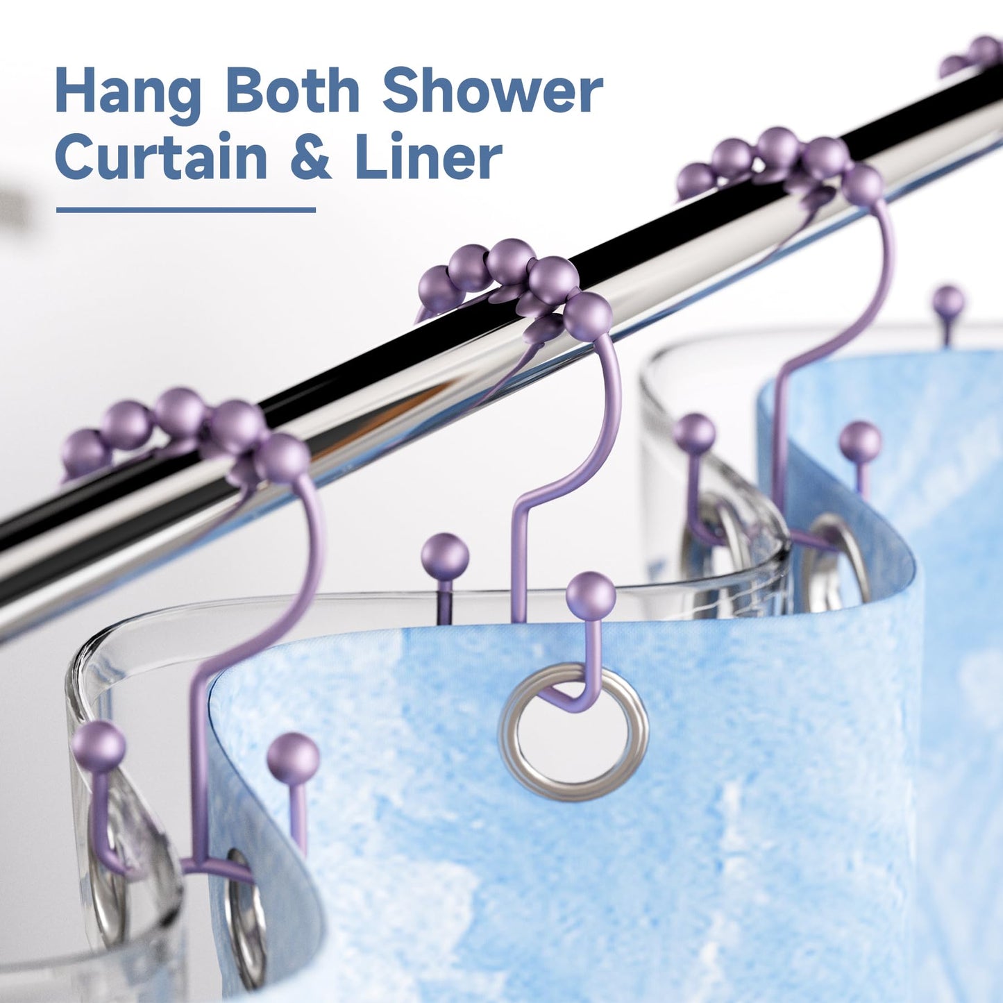 Titanker Shower Curtain Hooks Rings, Rust-Resistant Metal Double Glide Shower Hooks for Bathroom Shower Rods Curtains, Set of 12 Hooks - Purplish-Gray