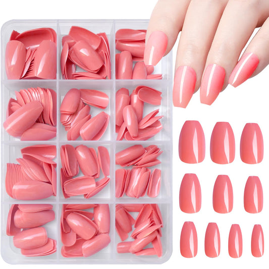 LoveOurHome 240pc Medium Press on Nails Coffin Fake Nails Acryic Nails Press ons Nail Short Ballerina False Nail Pink Full Cover Artificial Fingernails Tabs Glue on Coffin Nails for Women Girls