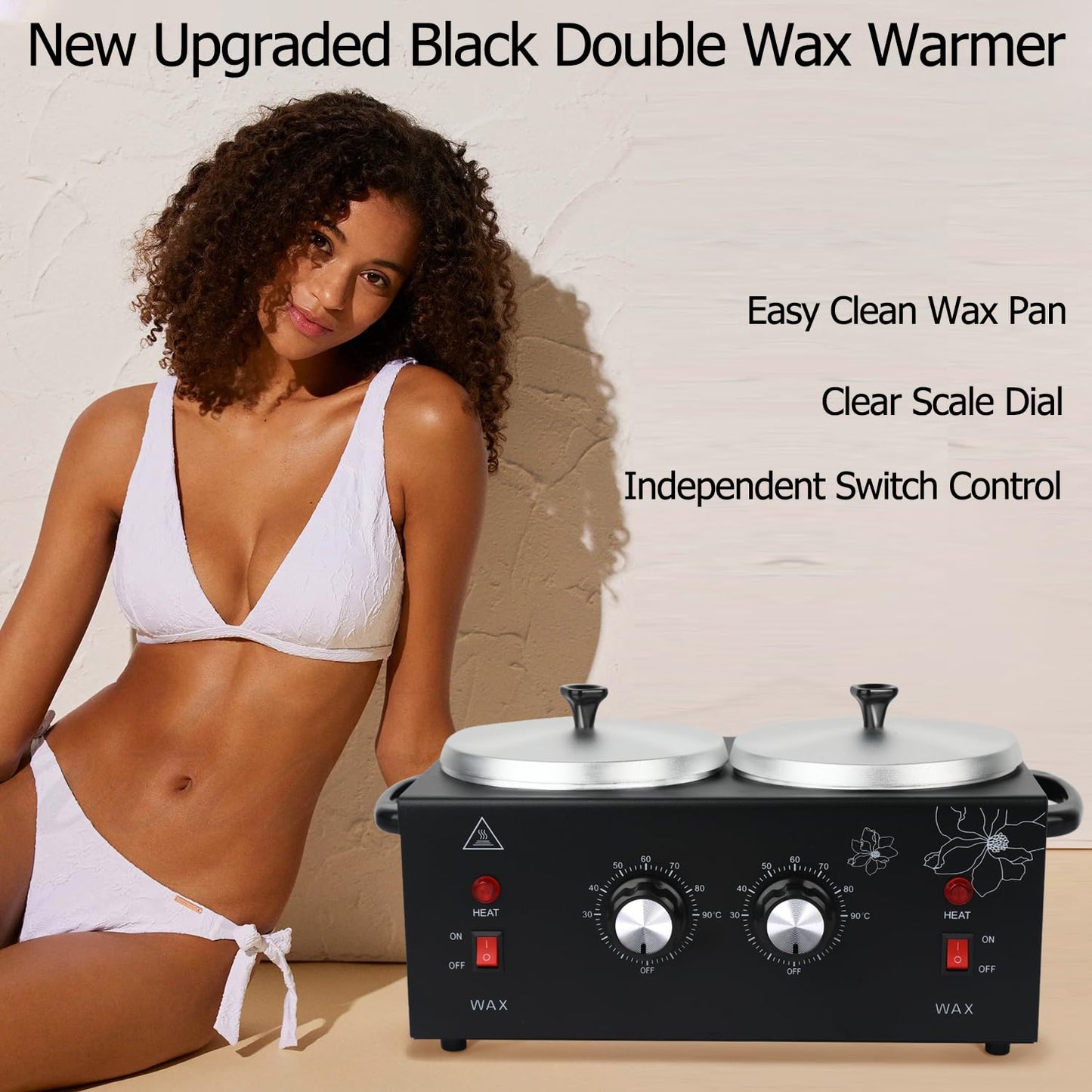 Non-Stick Hair Removal Wax Warmer with Adjustable Temperature - Large Professional Double Pot for Salon and Home Use, Includes 100 Wax Sticks