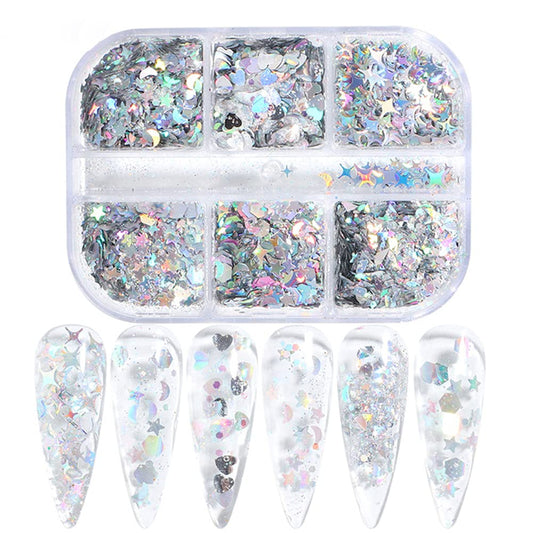 Holographic Nail Art Glitter Sequins, Shinning Heart Nail Supplies 6 Grids Laser Silver Nail Decals 3D Holographic Nail Sequin Star Moon Nail Art Sticker Confetti Flakes for Acrylic Nails Decorations