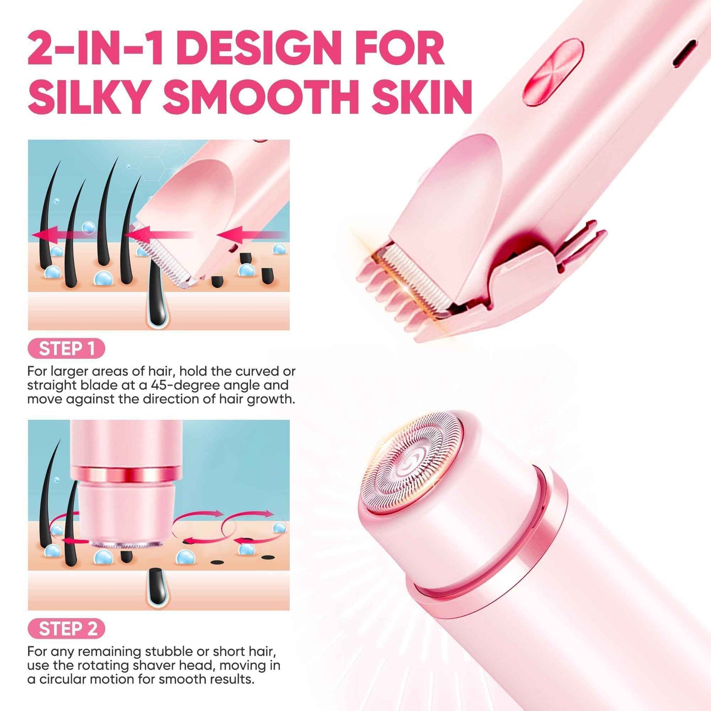 Bikini Trimmer for Women, Electric Razor & Shaver with Dual Ceramic Blades, Painless Hair Removal for Face, Body & Intimate Areas, 90min Cordless Runtime, Waterproof Travel Grooming Kit