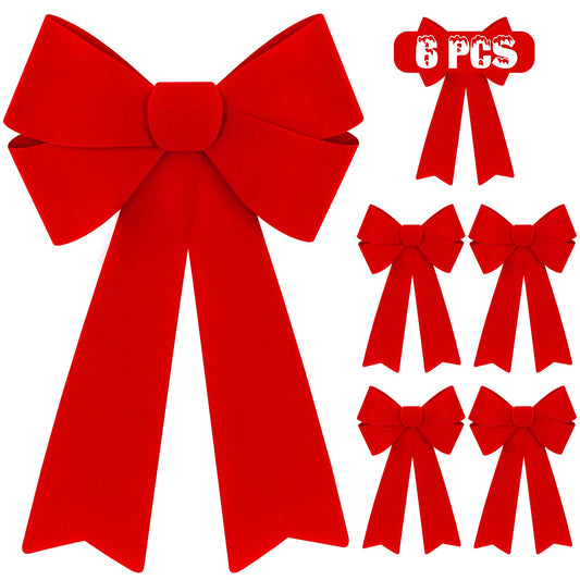 6 PCS Red Christmas Bows, PVC Velvet Christmas Bows for Wreaths, 12 × 18 IN Red Christmas Decorations Hanging Christmas Bows Indoor Outdoor Large Christmas Bow for Porch Railing Fireplace Party Decor