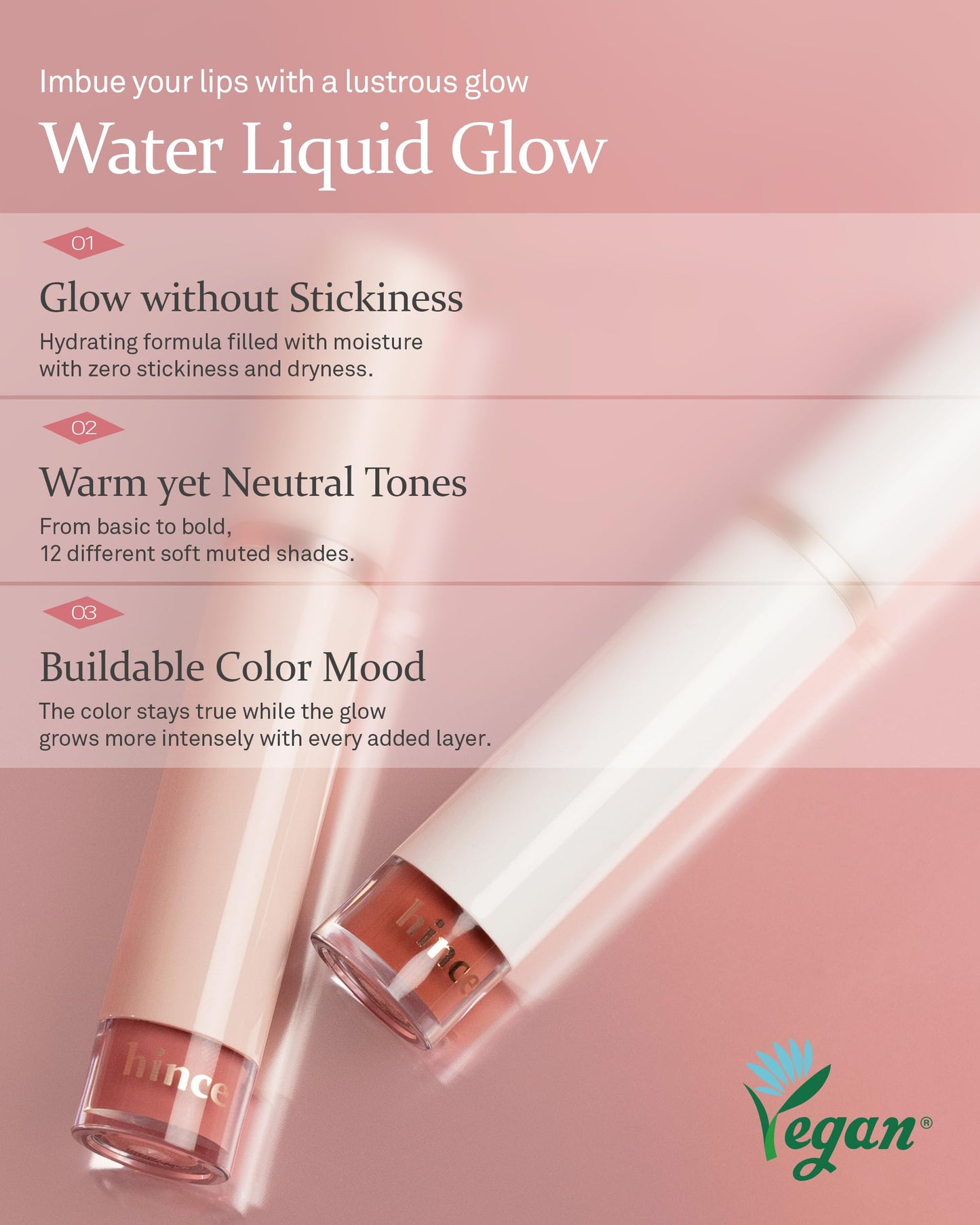 HINCE Mood Enhancer Water Liquid Glow - Non-Sticky & Waterproof Lip Stain for Women - Long Wearing Lip Gloss for Natural and Glass Glow - Moisturizing Liquid Makeup, 0.16 fl.oz. (AMBIENT)