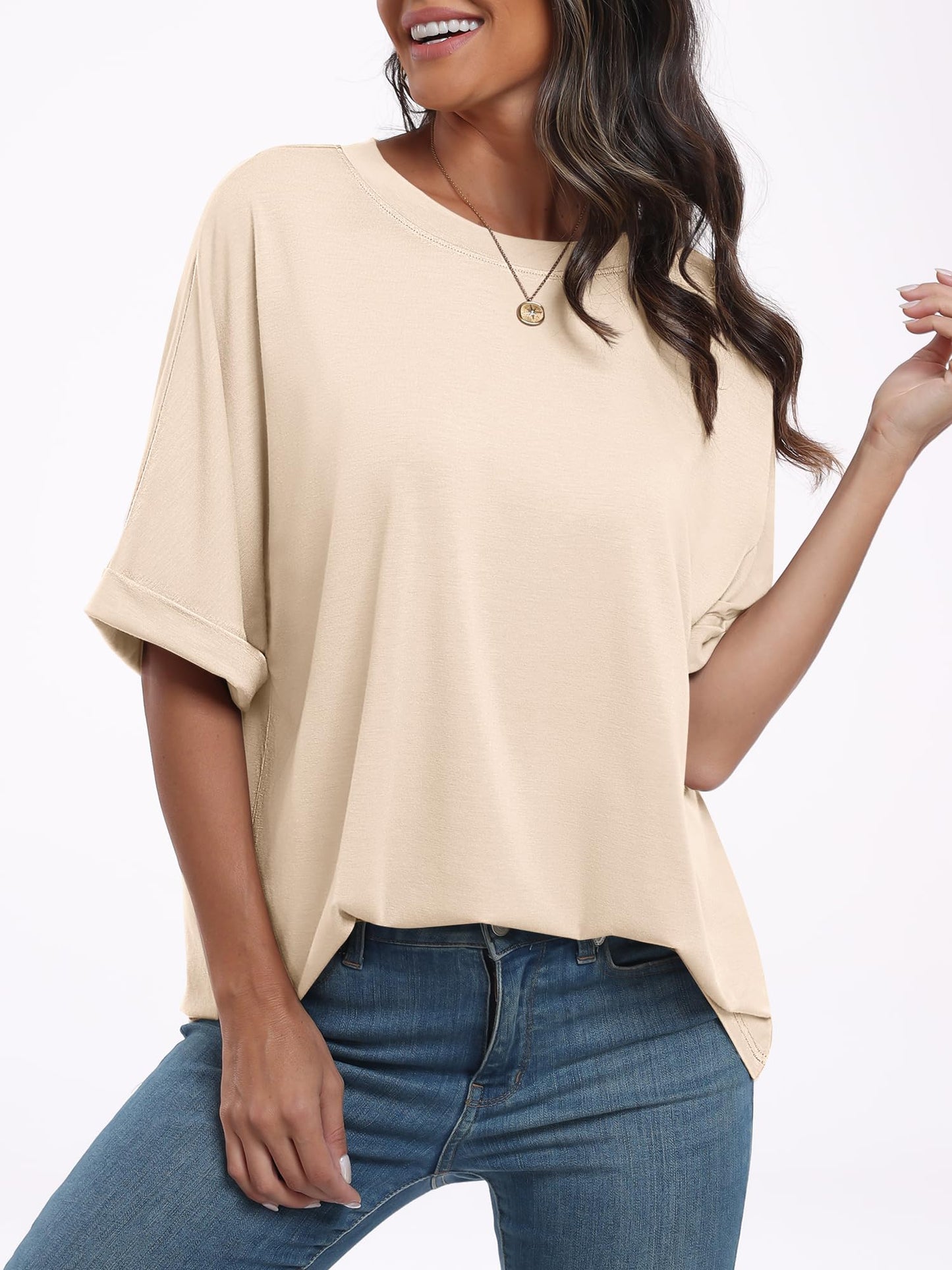 ANRABESS Women's Oversized T Shirts Short Sleeve Crewneck Summer Tops Casual Loose Basic Tee Shirts 2024 Trendy Clothes Cream Small