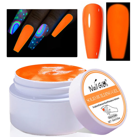 NAILGIL Neon Solid Builder Gel for Nails, Glow in the Dark Fluorescent Orange Sculpture 3D Gel Nail Art for Women Summer Hot Colors, Non-Stick Hand LED/UV Needed -15g