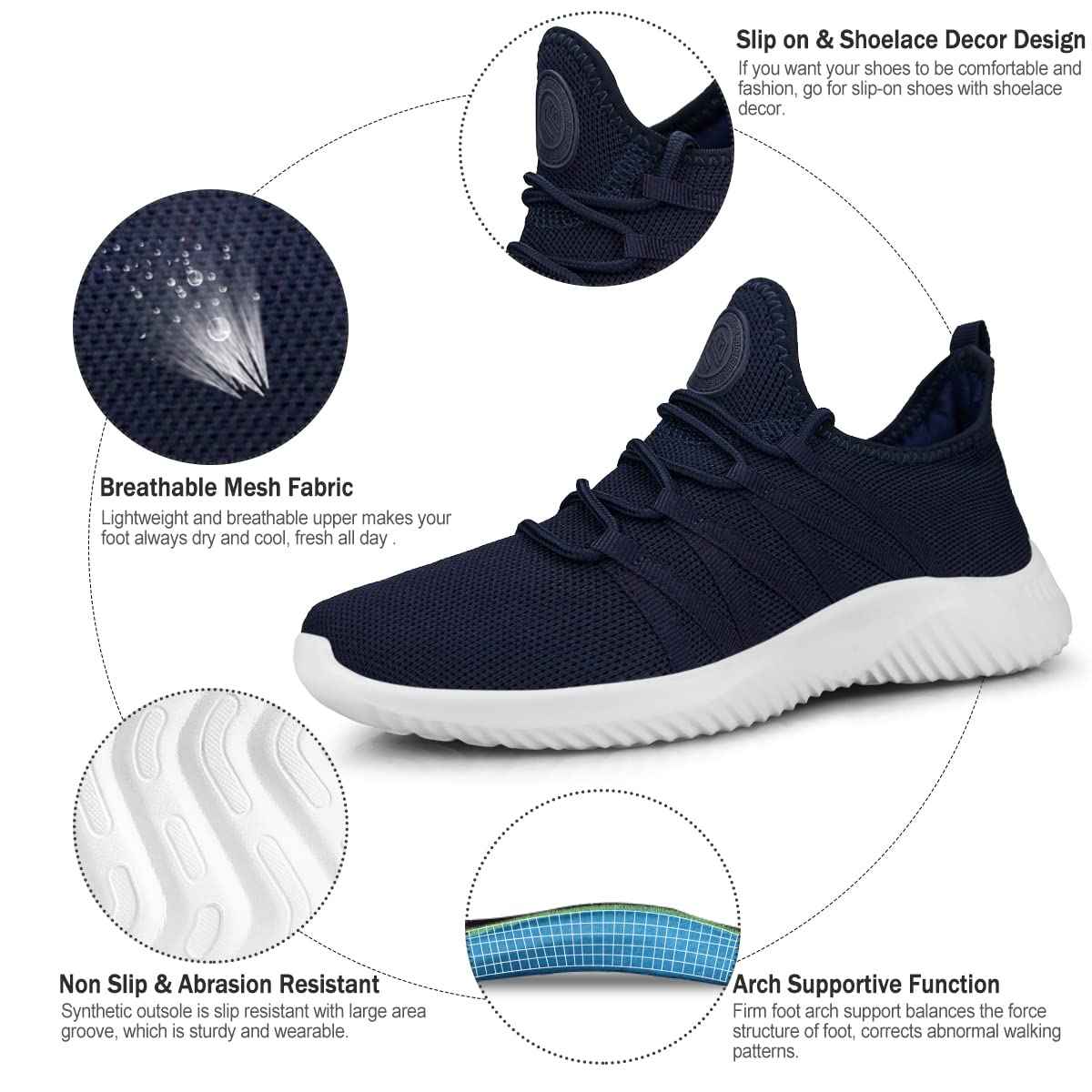 Feethit Womens Slip On Running Shoes Non Slip Walking Shoes Lightweight Gym Workout Shoes Breathable Fashion Sneakers All Dark Blue Size 9.5