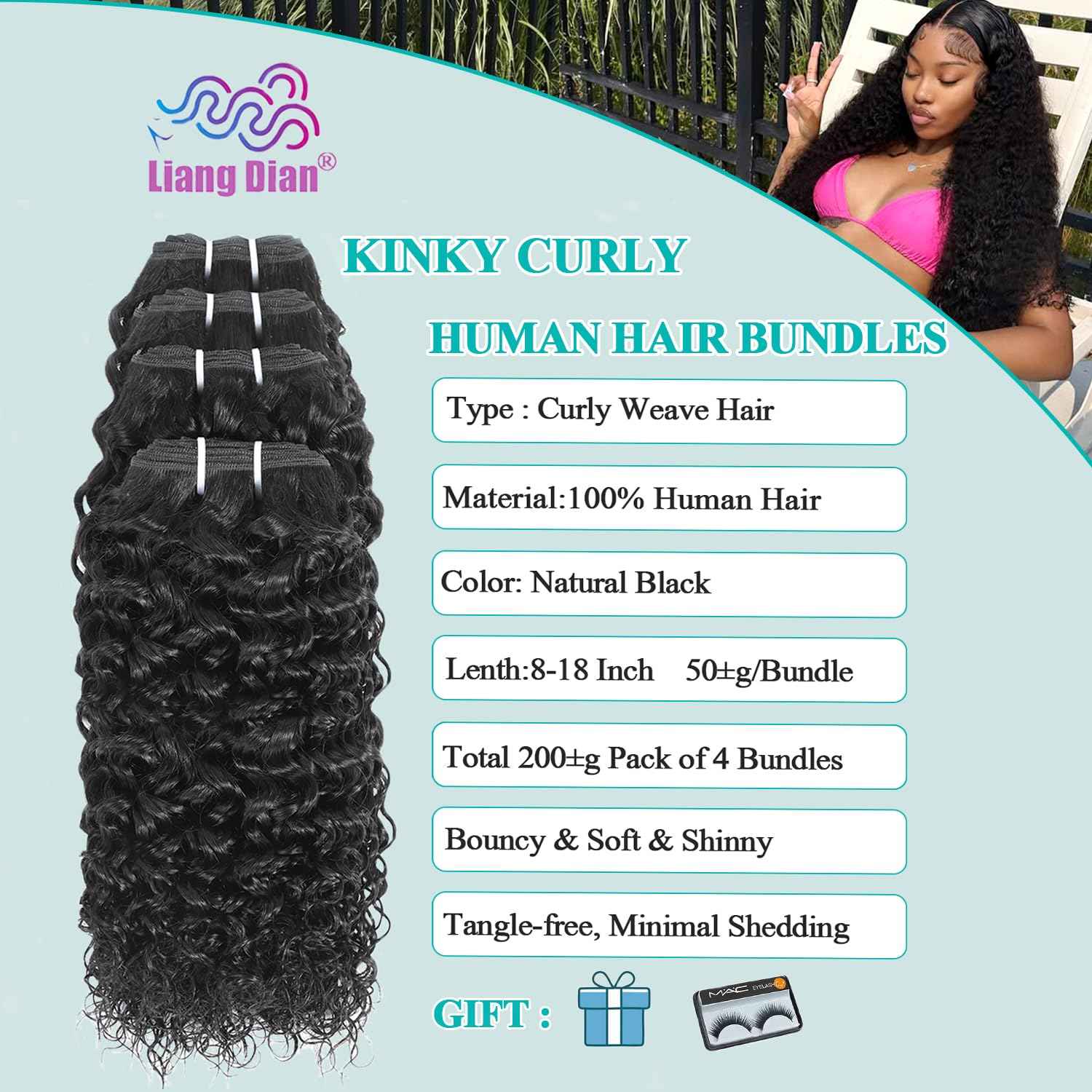 Liang Dian Curly Bundles Human Hair 10 10 12 12 Inch Kinkycurly Bundles Human Hair for Black Women 100% Unprocessed 12A Brazilian Virgin Hair Quick Weave Extensions Natural Black