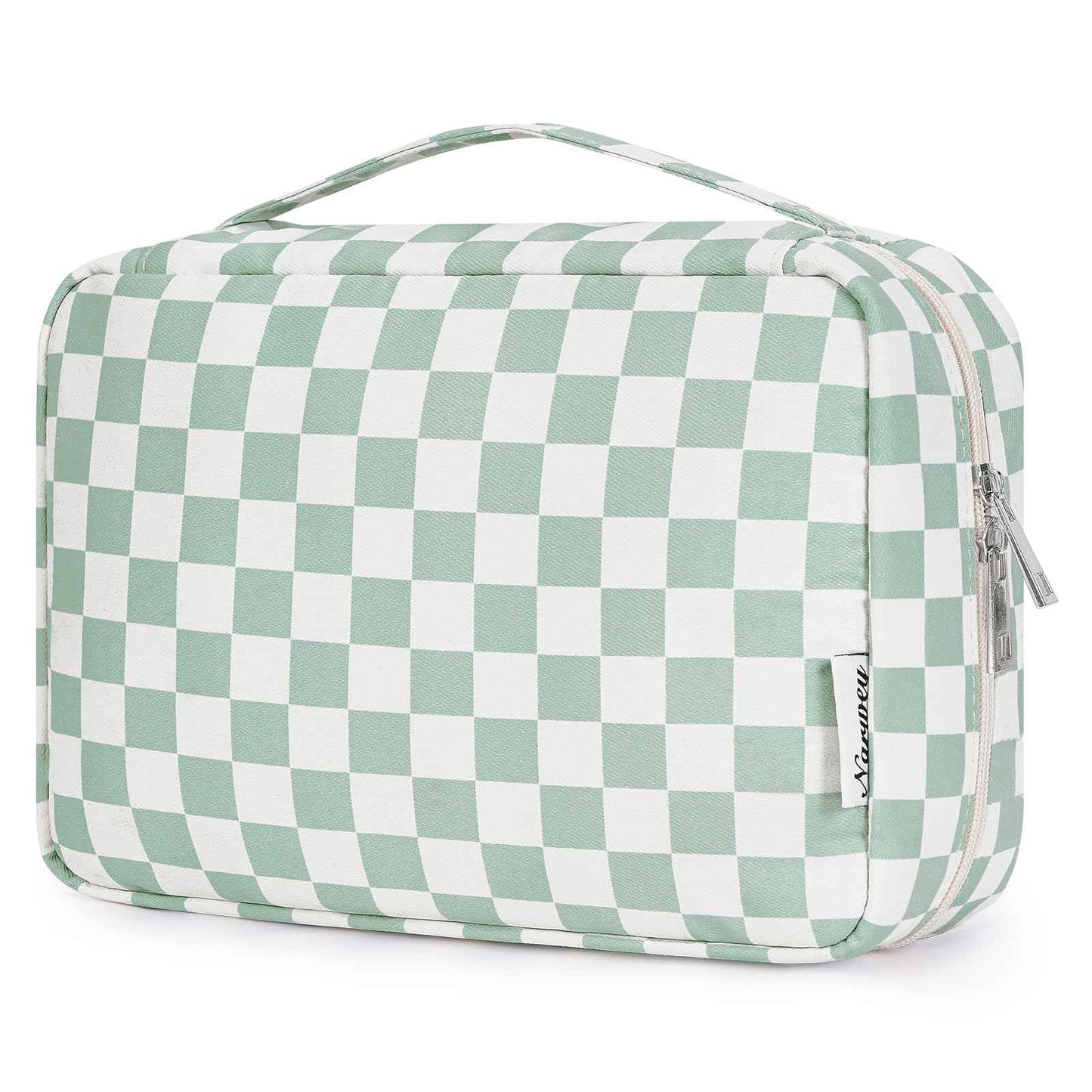 Narwey Small Hanging Travel Toiletry Bag for Women, Travel Bag for Toiletries, Checkered Makeup Bag Organizer Cosmetic Bags Make Up Bags for Girls (Mint Green Checkerboard)