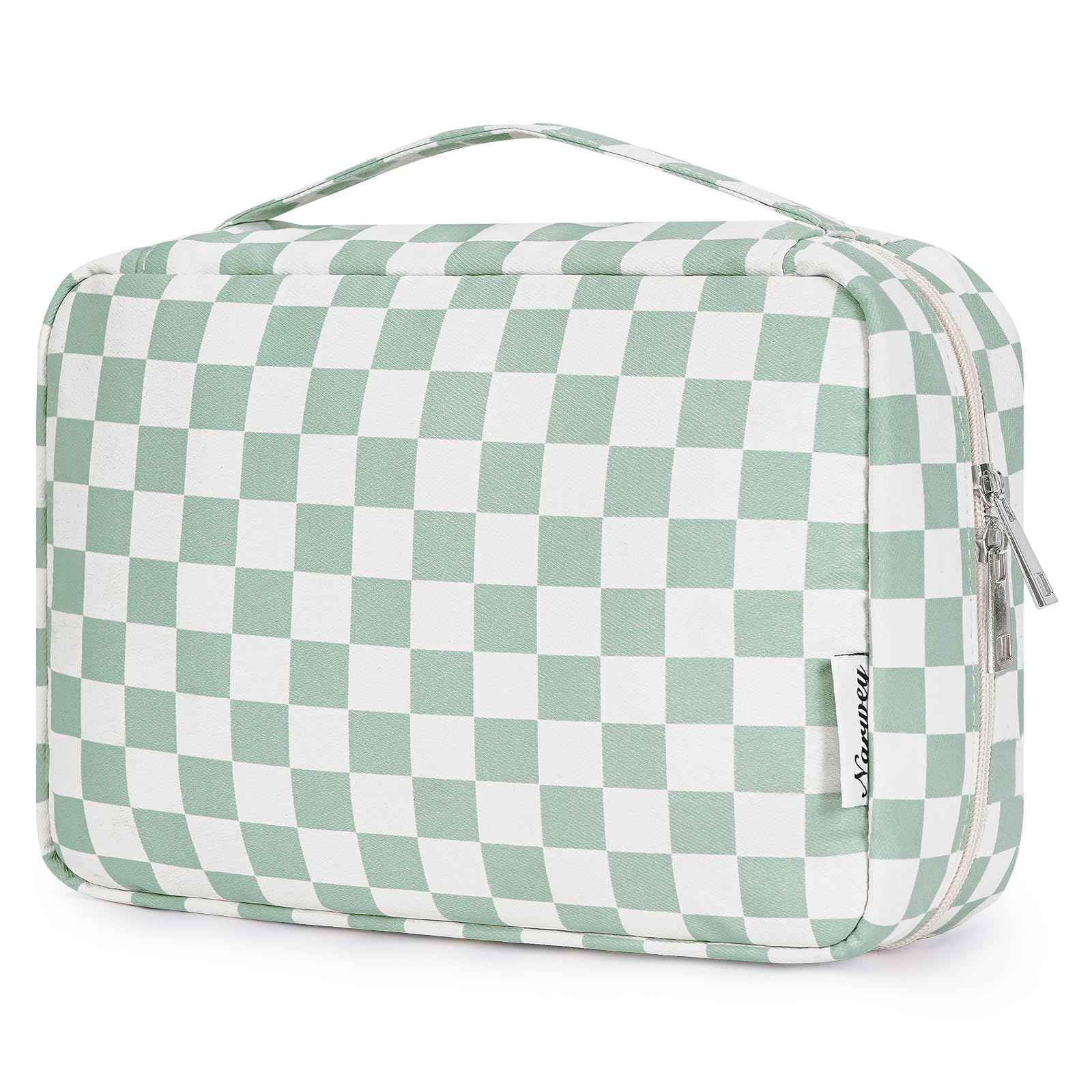 Narwey Small Hanging Travel Toiletry Bag for Women, Travel Bag for Toiletries, Checkered Makeup Bag Organizer Cosmetic Bags Make Up Bags for Girls (Mint Green Checkerboard)