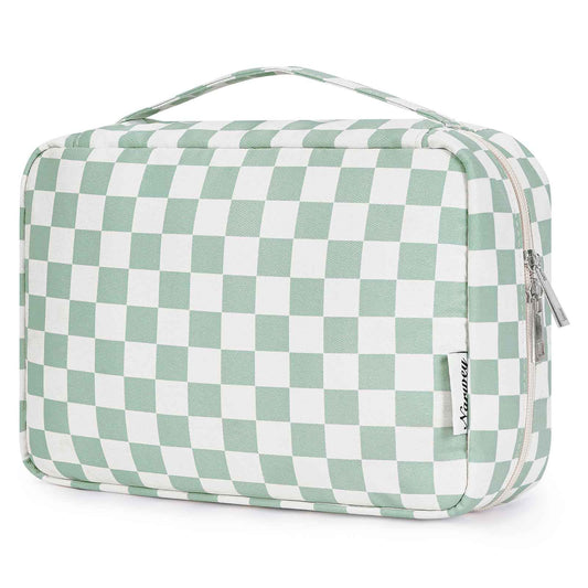 Narwey Small Hanging Travel Toiletry Bag for Women, Travel Bag for Toiletries, Checkered Makeup Bag Organizer Cosmetic Bags Make Up Bags for Girls (Mint Green Checkerboard)
