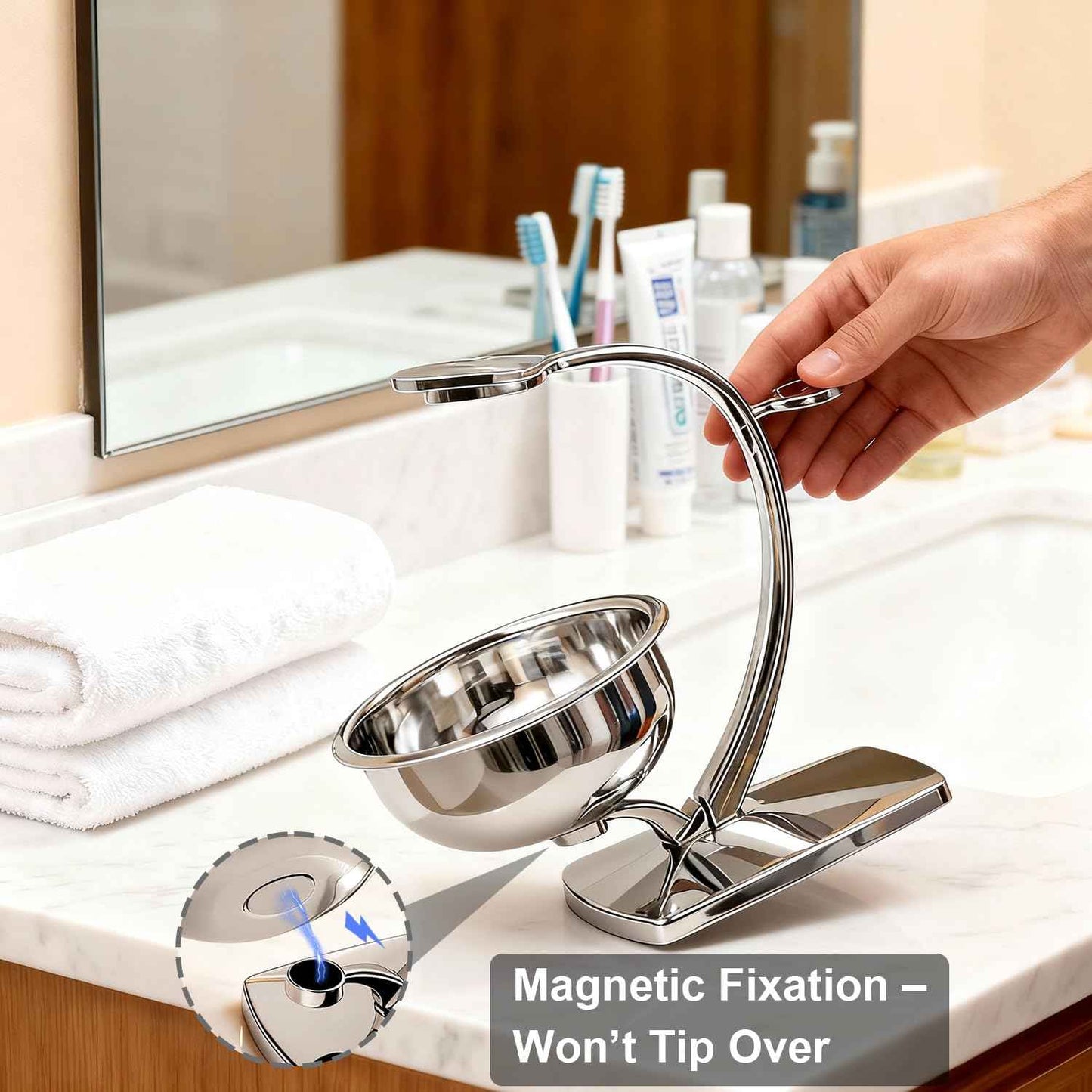 GRUTTI Shaving Bowl, Stand and Brush Set - 3-Piece Magnetic Base Bowl, Chrome Alloy Stand & Synthetic Brush | Razor Not Included