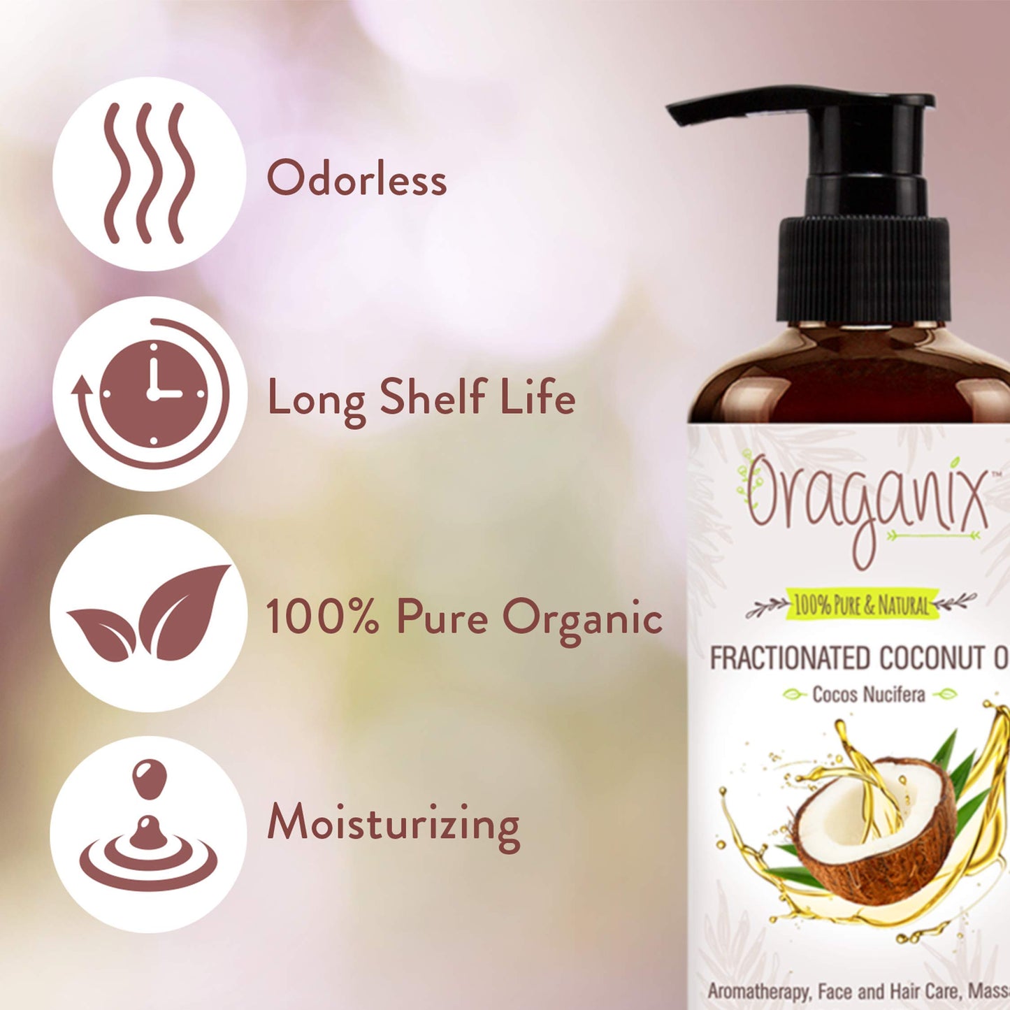 Oraganix Fractionated Coconut Oil - 100% Pure & Natural (16oz Bottle) - Carrier Oil for Essential Oils, Aromatherapy, Massage Oil or Skin Care