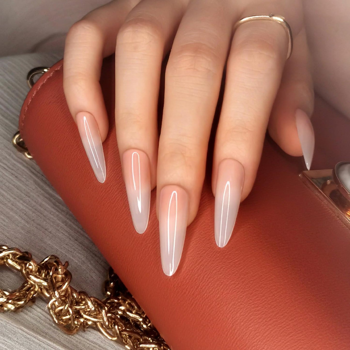 Artquee Ombre Peach Pink Press on Nails Almond Extra Long Fake Nails Stiletto False Nails Art Glossy Artificial Reusable Stick on Nails - 30 Nail Kit