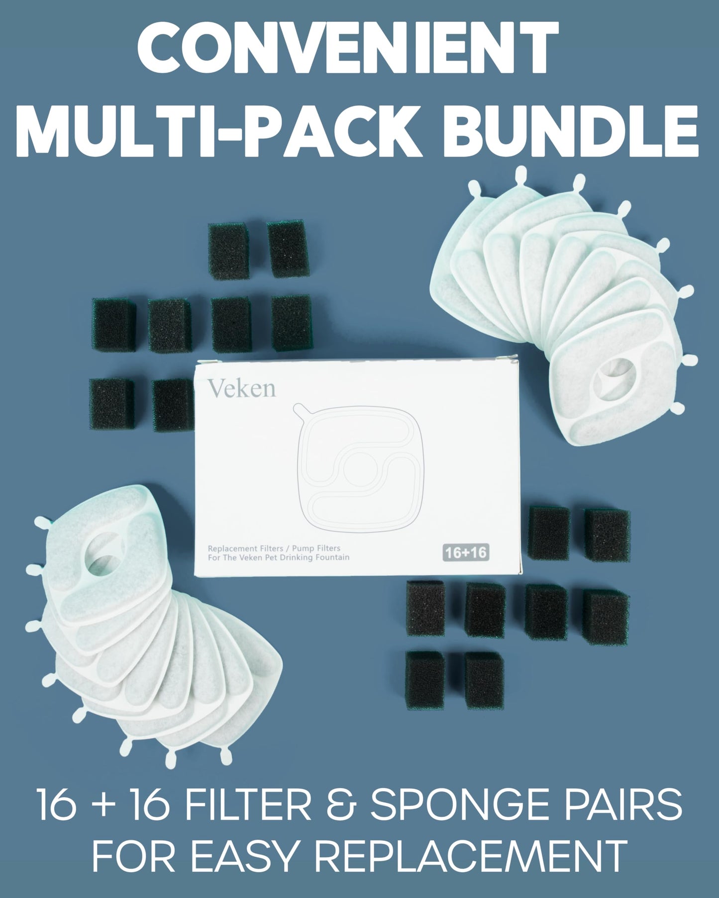 Veken Cat Water Fountain Filters, 16 Pack Replacement Filters & 16 Pack Replacement Pre-Filter Sponges Set for 67oz, 95oz, 135oz Automatic Pet Fountain Dog Water Dispenser