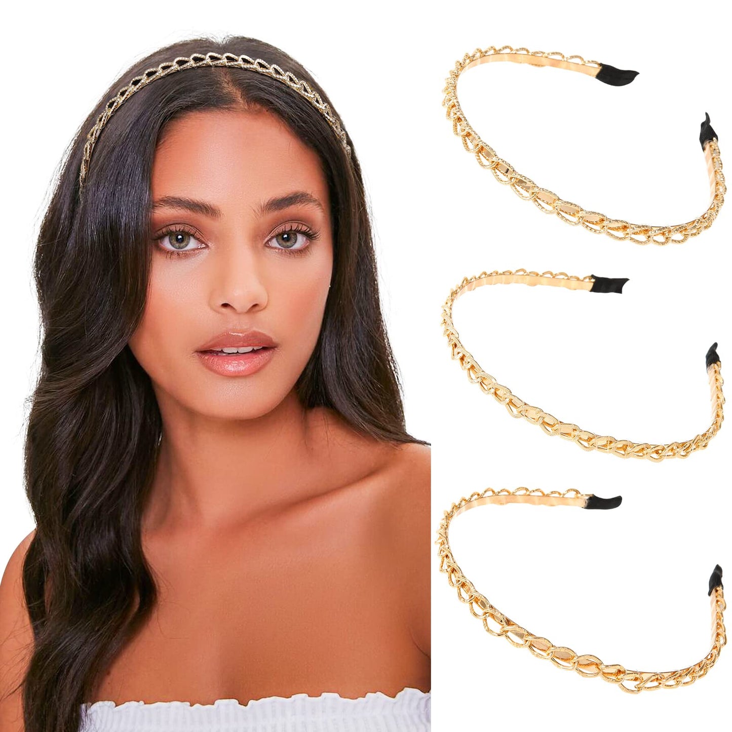 AWAYTR Chain Hairband Women Chained Headband - 3PCS Chained Reactions Headband for Women Girls Inspired Hair Hoop Thick Chain Metal Resin Headband (Metal Chain Headband(Gold))