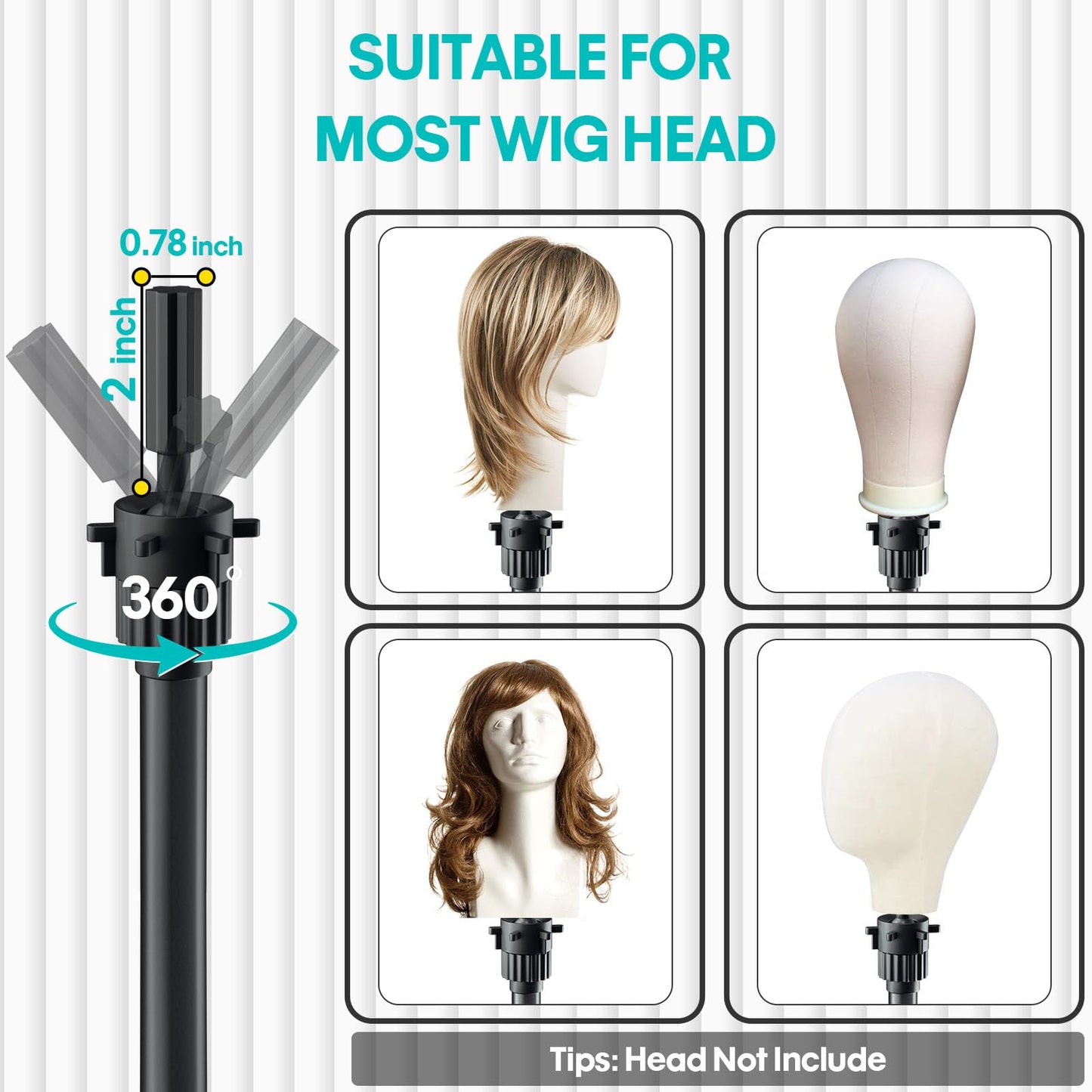 GSOW Wig Stand Tripod - Reinforced Metal Mannequin Head Stand with Tool Tray, Adjustable Height 31" - 57" Wig Head Stand for Styling Cosmetology Hairdressing Training with Wig Caps T-Pins Hair Clips