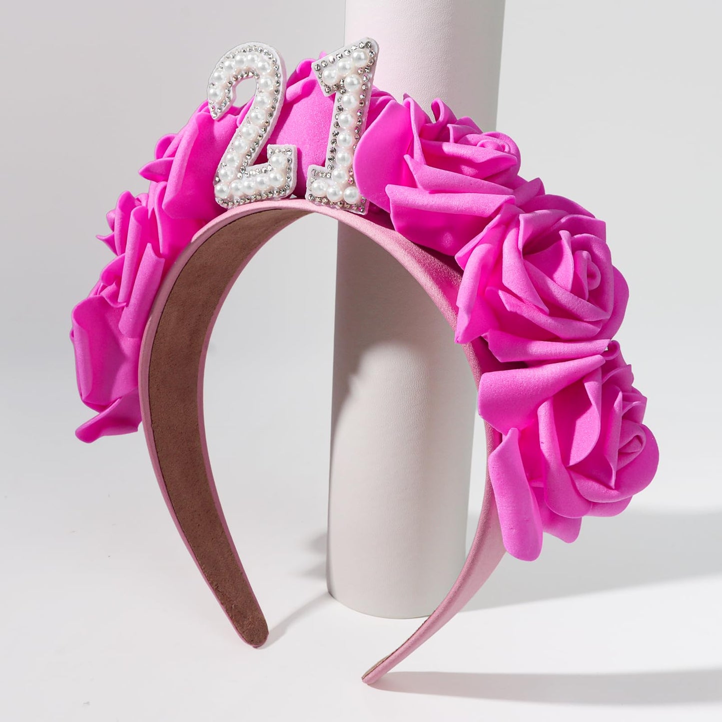 Wecoe Hot Pink Floral Headband Crown Tiara for 21st Birthday - Party Favors, Hair Accessory for Her