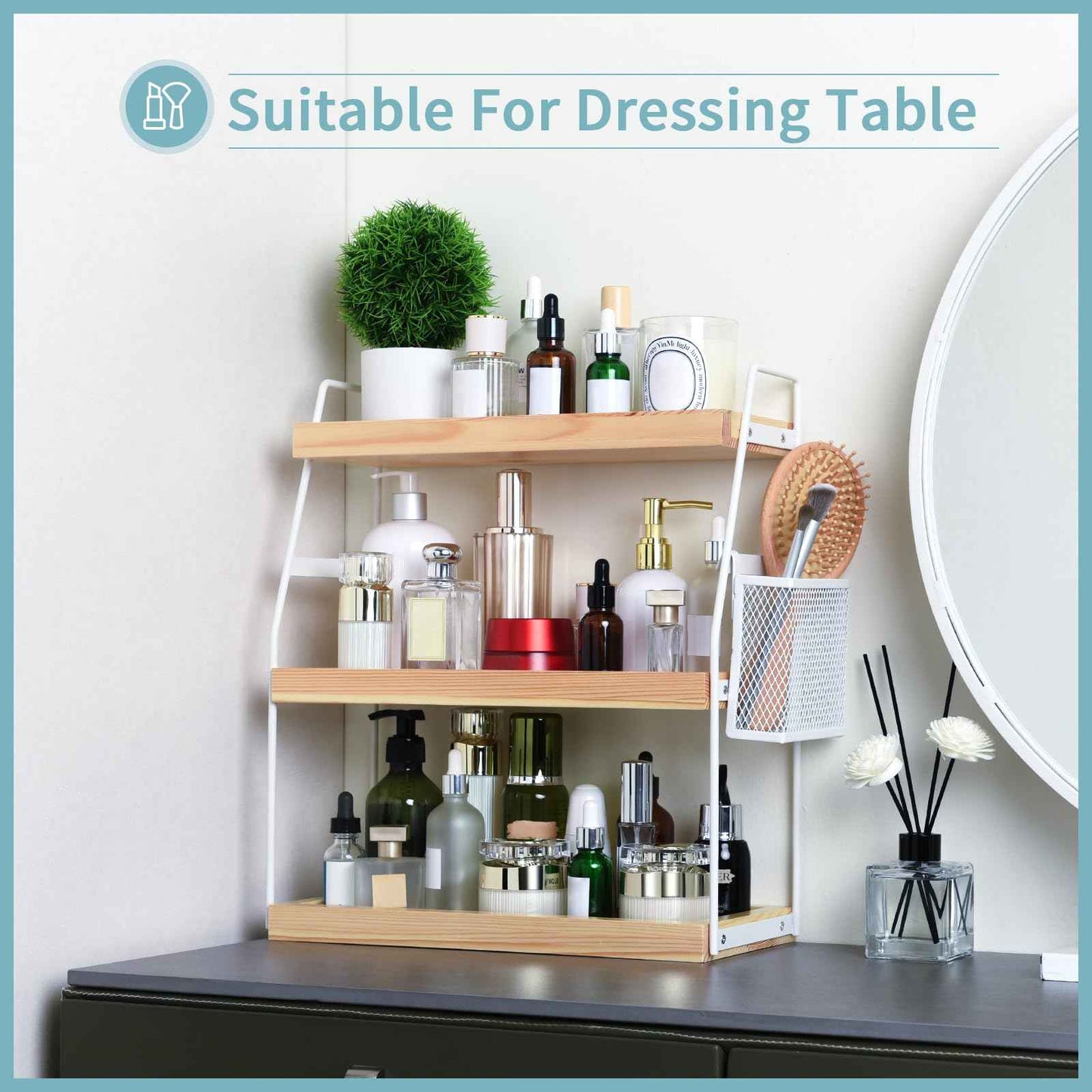 Bathroom Counter Organizer, 3-Tier Standing Storage Shelf with Basket, Wood Tray for Skincare Vanity Organizer(White)