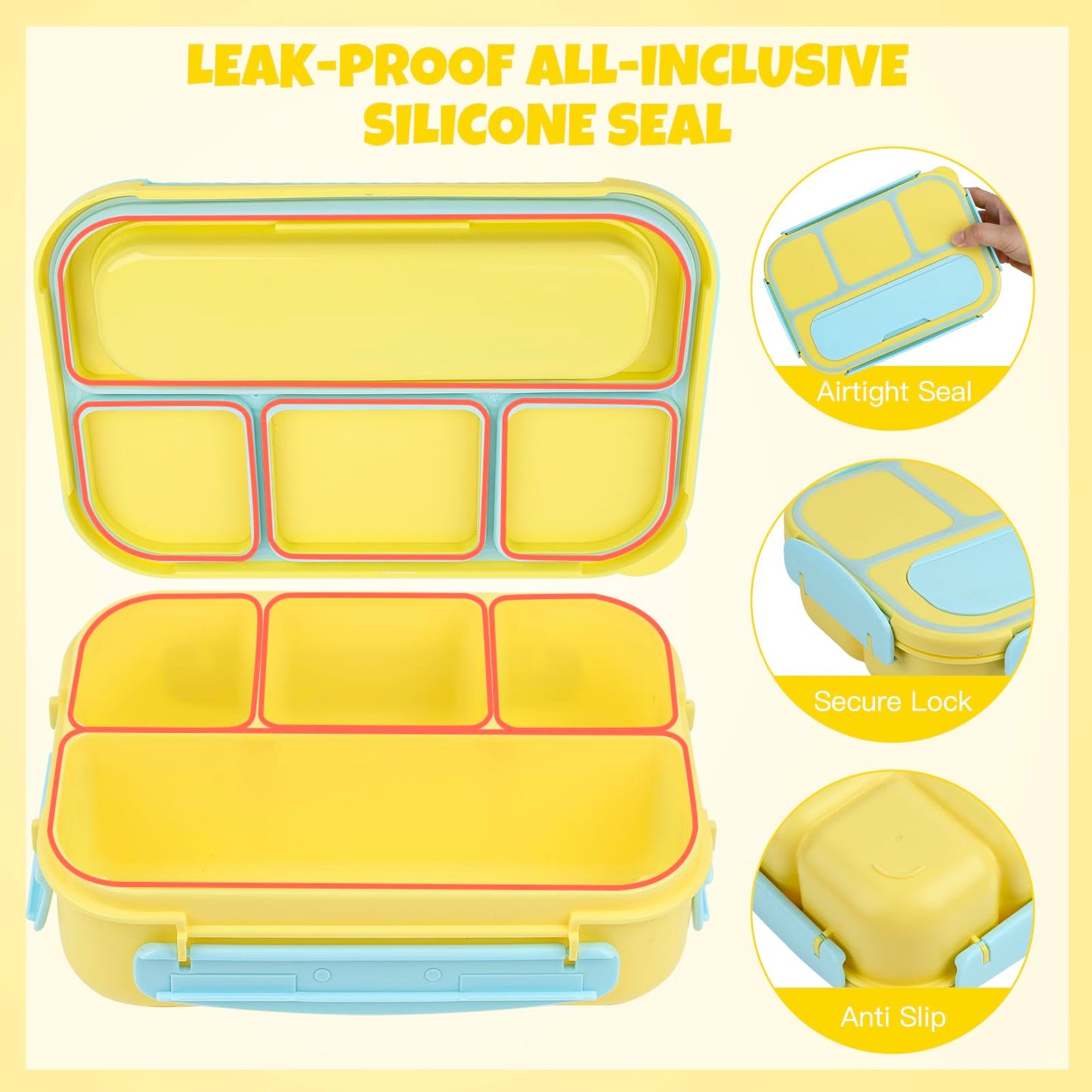 MaMix Bento Lunch Box Adult Lunch Box, Lunch Box Kids, Lunch Containers for Adults/Kids/Students,1300ML-4 Compartment Bento Lunch Box (yellow)