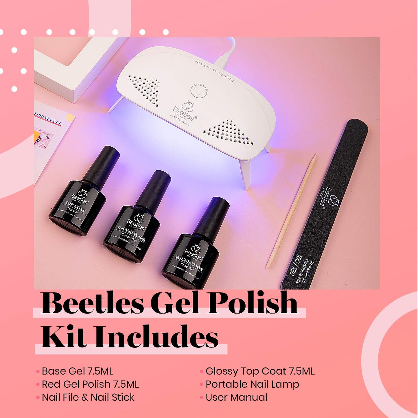 Beetles Red Gel Nail Polish Kit with UV LED Light and Base Gel Top Coat Starter Kit Soak Off Red Gel Polish Set with Lamp Nail File for DIY Home Nails Perfect for the 4th of July Women Manicure