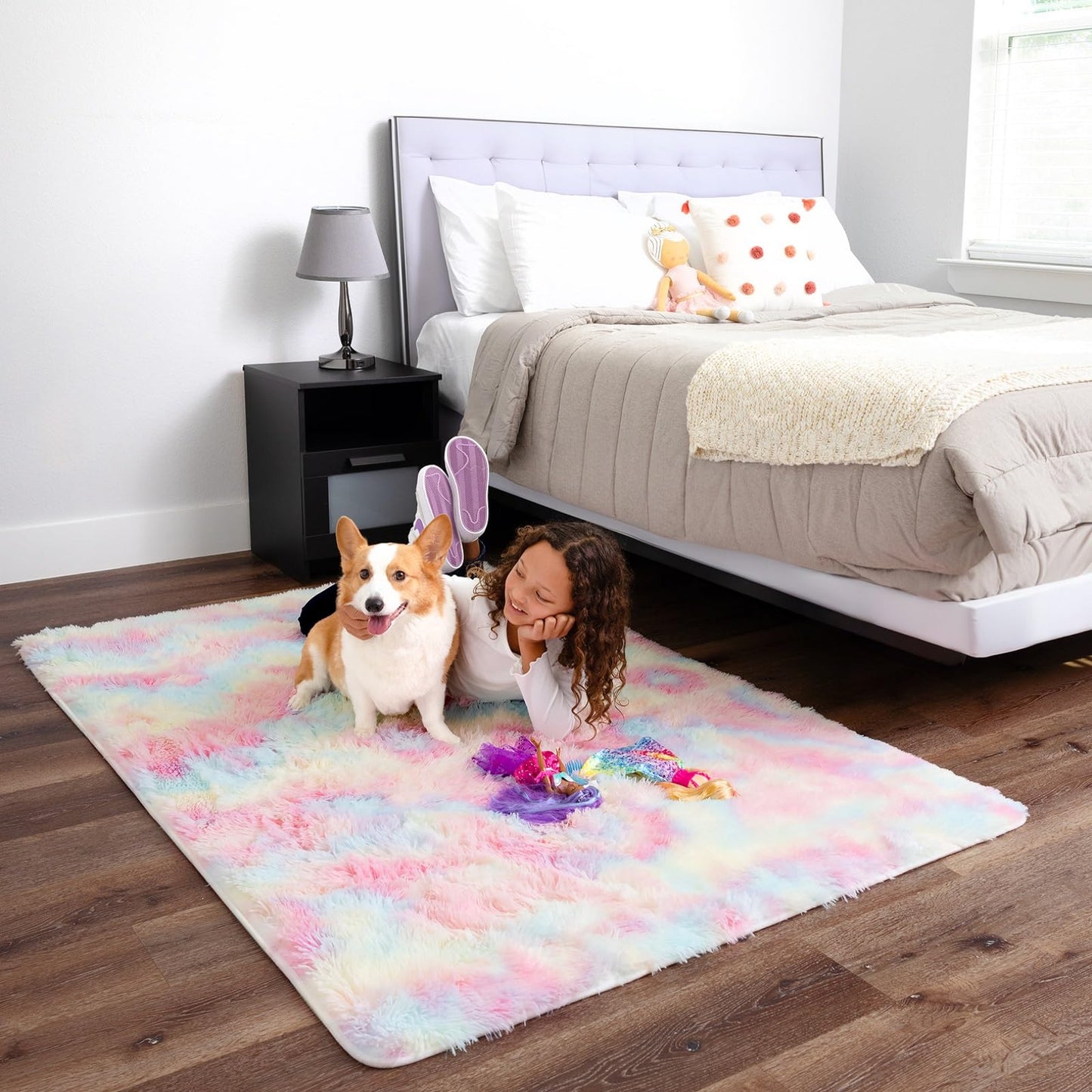 Ophanie Rainbow Colorful Area Rugs for Bedroom Girls, Unicorn 4x6 Carpet Fluffy Fuzzy Furry Shag, Plush Soft Cute Kids Baby Shaggy Bedside Floor Rug for Teen Dorm Home Decor Aesthetic, Nursery