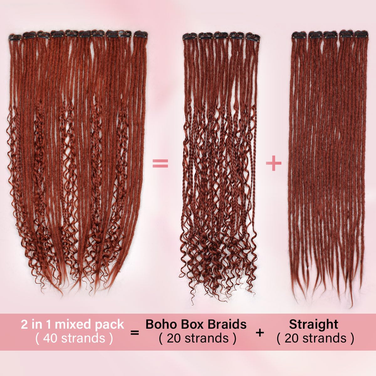 24 Inch Clip in Dreadlock Hair Extensions 10Clips 40 Strands Mixed Synthetic Dreads Extensions for Women,Handmade Soft Straight Boho Wavy Dreads, 350 Red