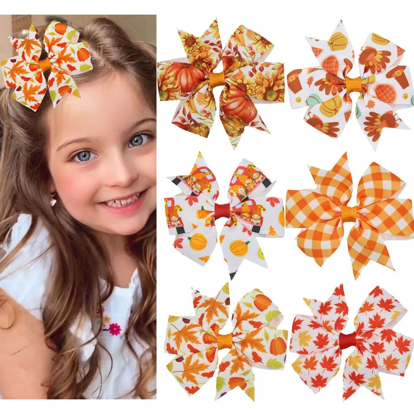 6Pcs Autumn Hair Clip Fall Thanksgiving Hair Bow Clips with Maple Leaf Pumpkin Deisgn for Girls Baby Hair Accessories Fall Hair Clips Alligator Clip Non-slip Fall Thanksgiving Gift for Hair