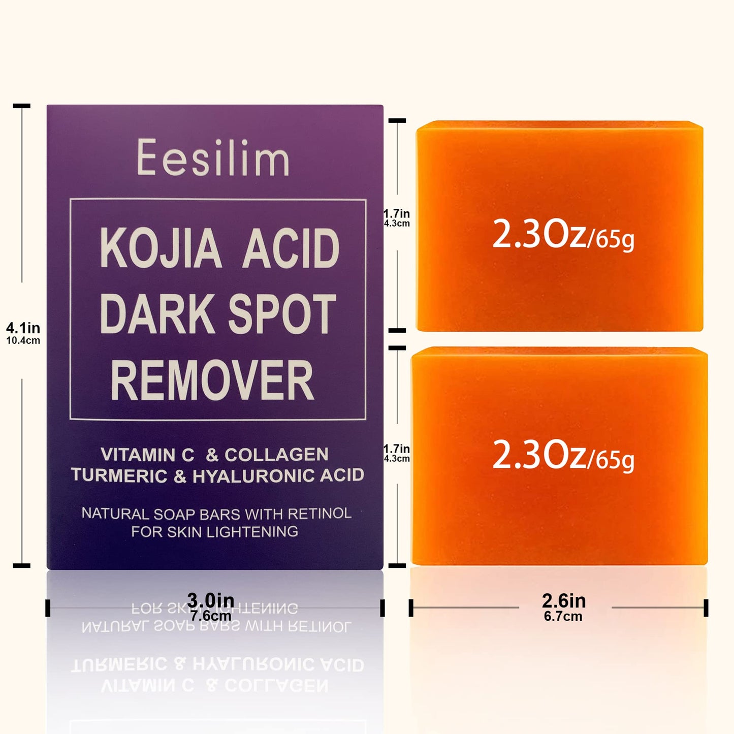 Eesilim Kojic Acid Skin Soap,（2 Pack x 65G Turmeric Soap ） Dark Spot Remover With Vitamic C, Retiol,Collagen,Hyaluronic Acid (Citrus)