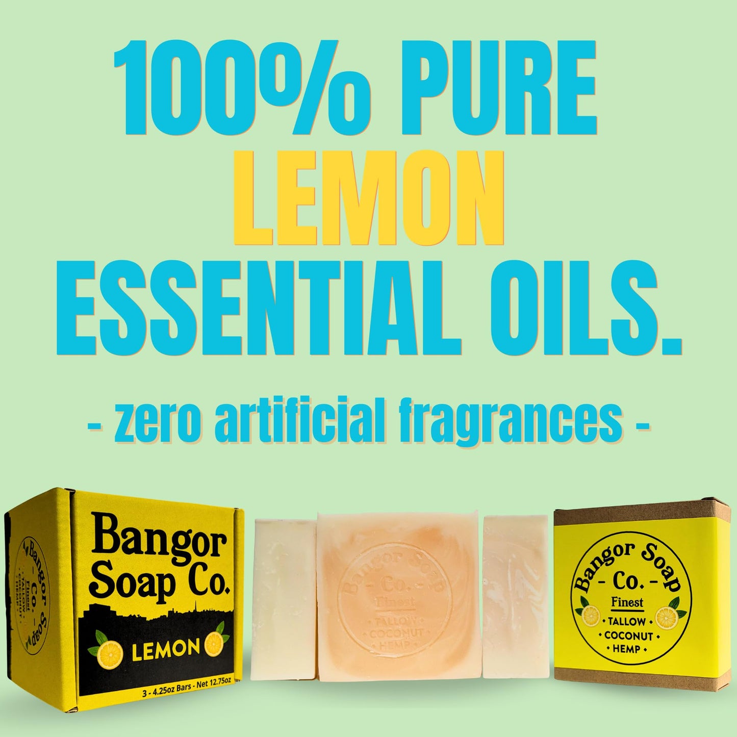 Bangor Soap Co.'s FRESH LEMON Pure, Natural Soap Bars, The FINEST Tallow, Coconut, and Hemp, NOTHING Artificial, NOTHING Superficial for A Smooth, Nourishing Lather (3-Pack)