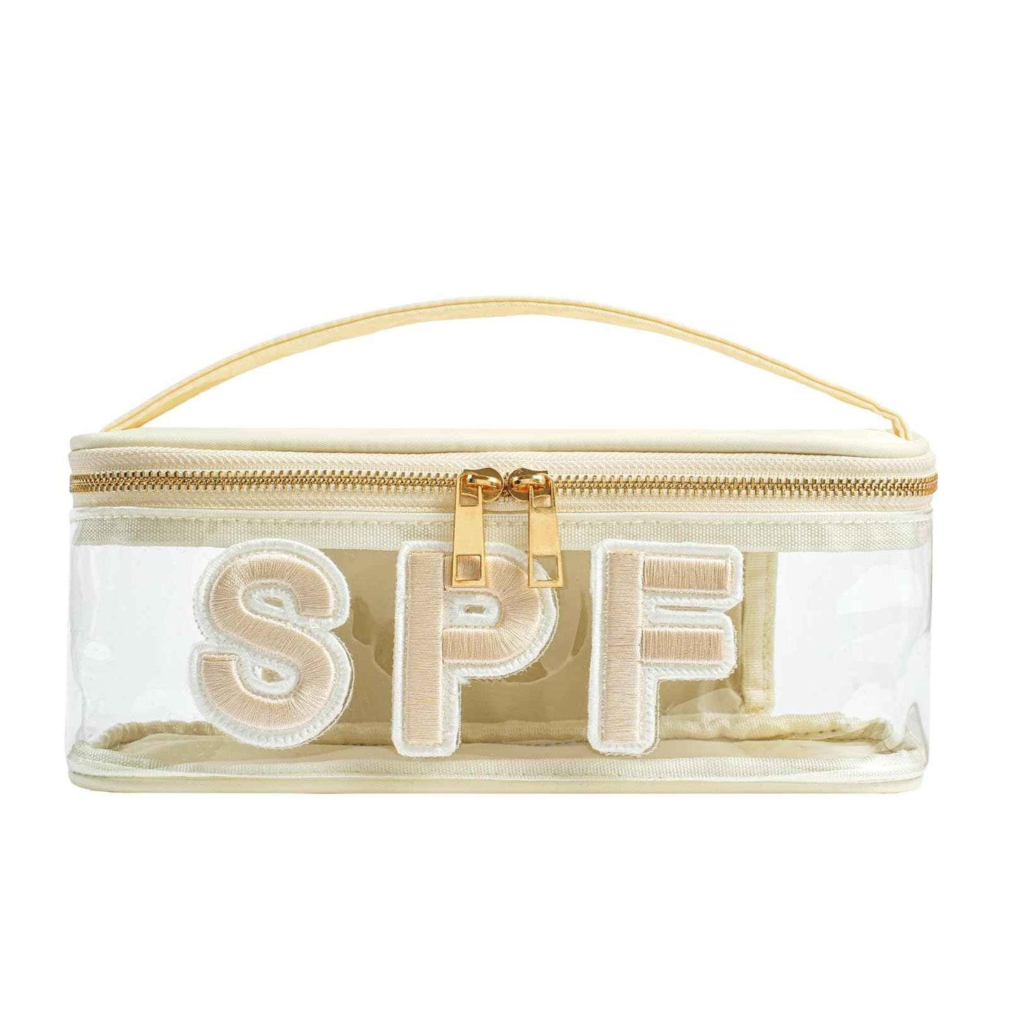 RSRSLEII Clear Waterproof Summer SPF Makeup Bag，Aesthetic Transparent Letter Patch Cosmetic Bag with Metal Zipper, Preppy Sunscreen Accessories Storage Organization, Beach Travel Purse(02SPF Beige)