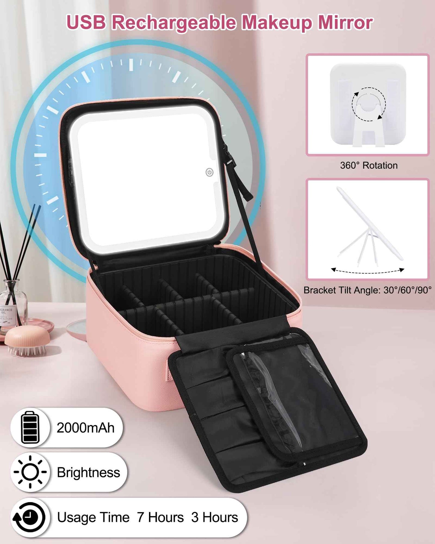 Relavel Initial Makeup Bag with LED Mirror for Women Girls, Personalized Travel Cosmetic Organizer Train Case, Birthday Gifts for Grandkids Bridesmaid Graduation Teacher Friends, Trendy Stuff, Pink A