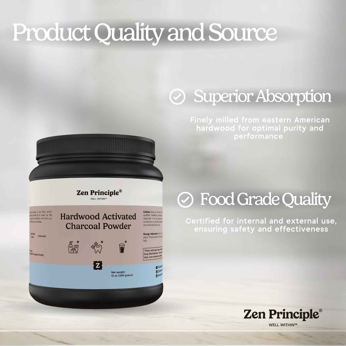 Zen Principle Activated Charcoal Powder only from USA Hardwood Trees. All Natural. Whitens Teeth, Rejuvenates Skin and Hair, Supports Better Digestion. Free Scoop Included. 12 oz.