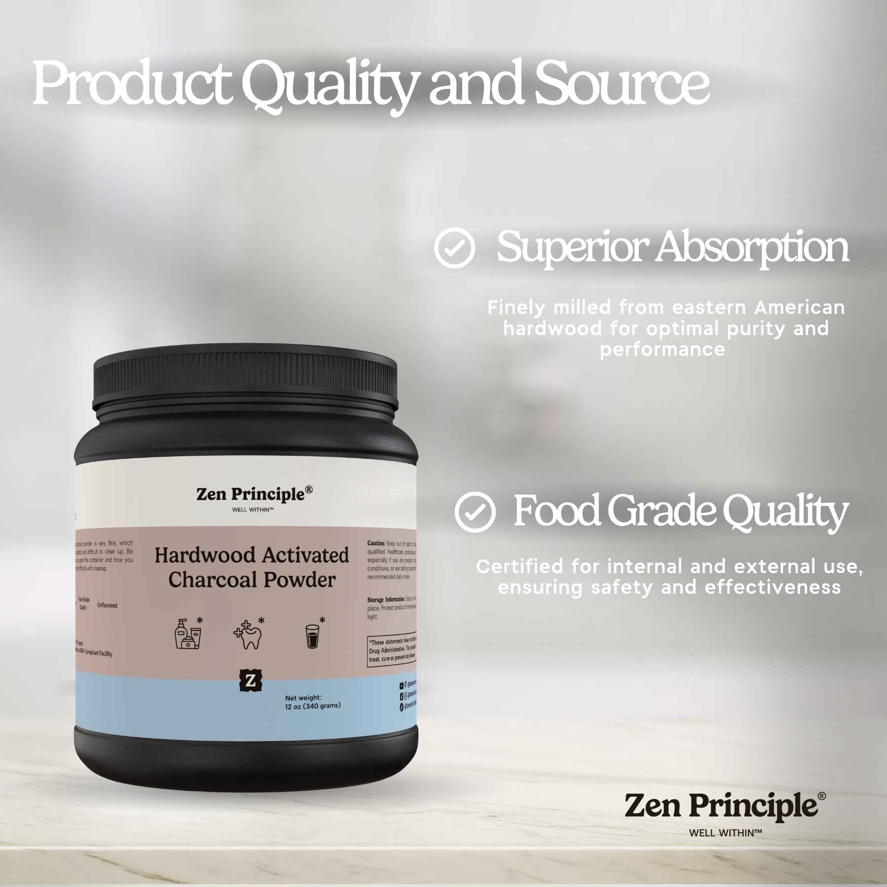 Zen Principle Activated Charcoal Powder only from USA Hardwood Trees. All Natural. Whitens Teeth, Rejuvenates Skin and Hair, Supports Better Digestion. Free Scoop Included. 12 oz.