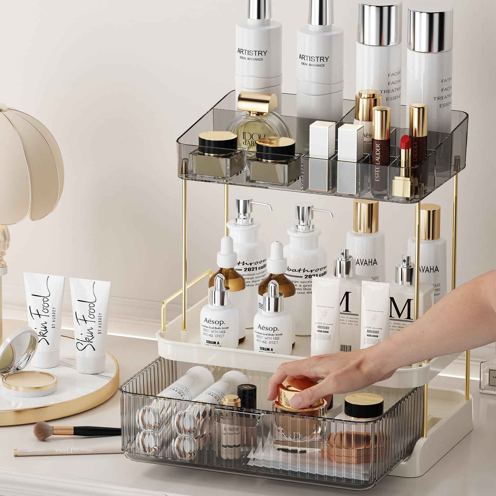 YCIA & DONE Bathroom Counter Organizer, Multi Makeup, Skincare, Perfume, Cosmetic, Vanity Countertop Organizer - Large Capacity, 2 Tier with Drawer - Easy to Install, Clean, Smoky Gray