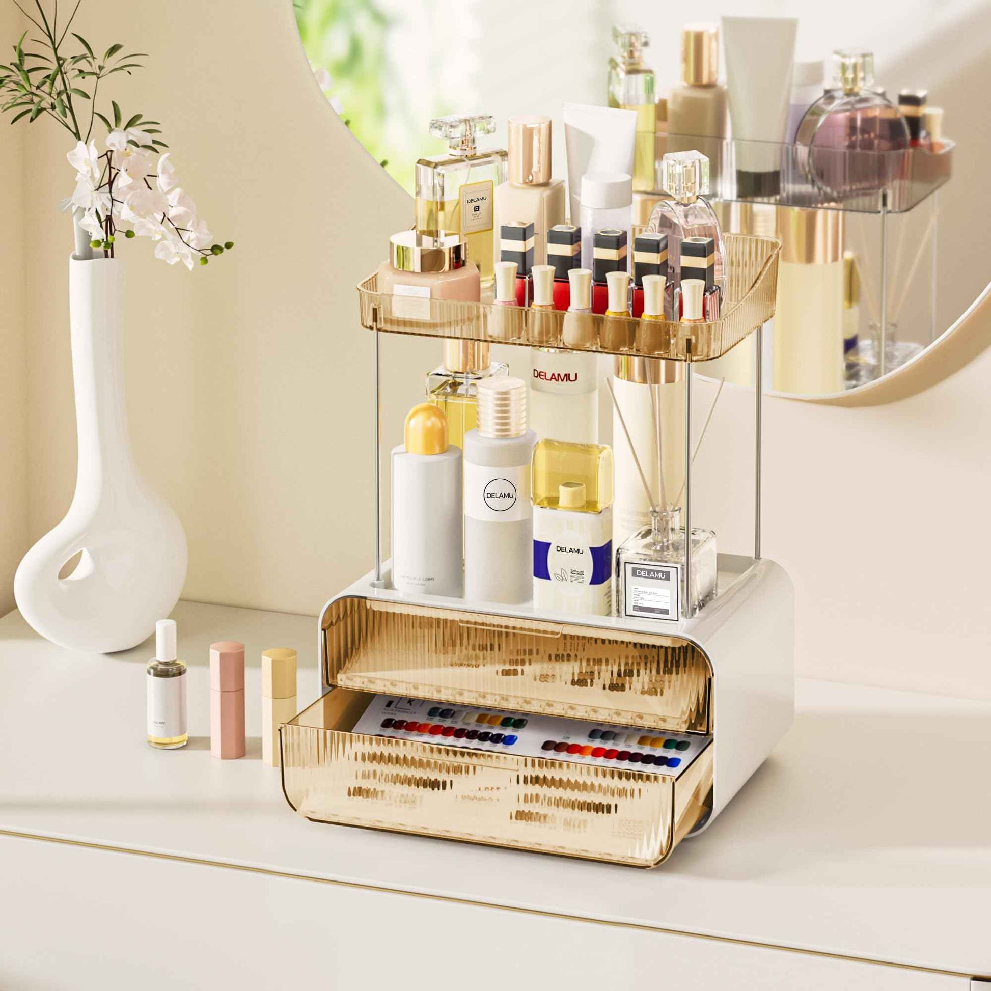 Delamu Bathroom Counter Organizer 2-Drawers 2-Tier Acrylic Makeup Organizer for Vanity Countertop, Skincare Perfume Storage, Easy Assembly, Ideal for Women, Bath Linen Sets, Amber
