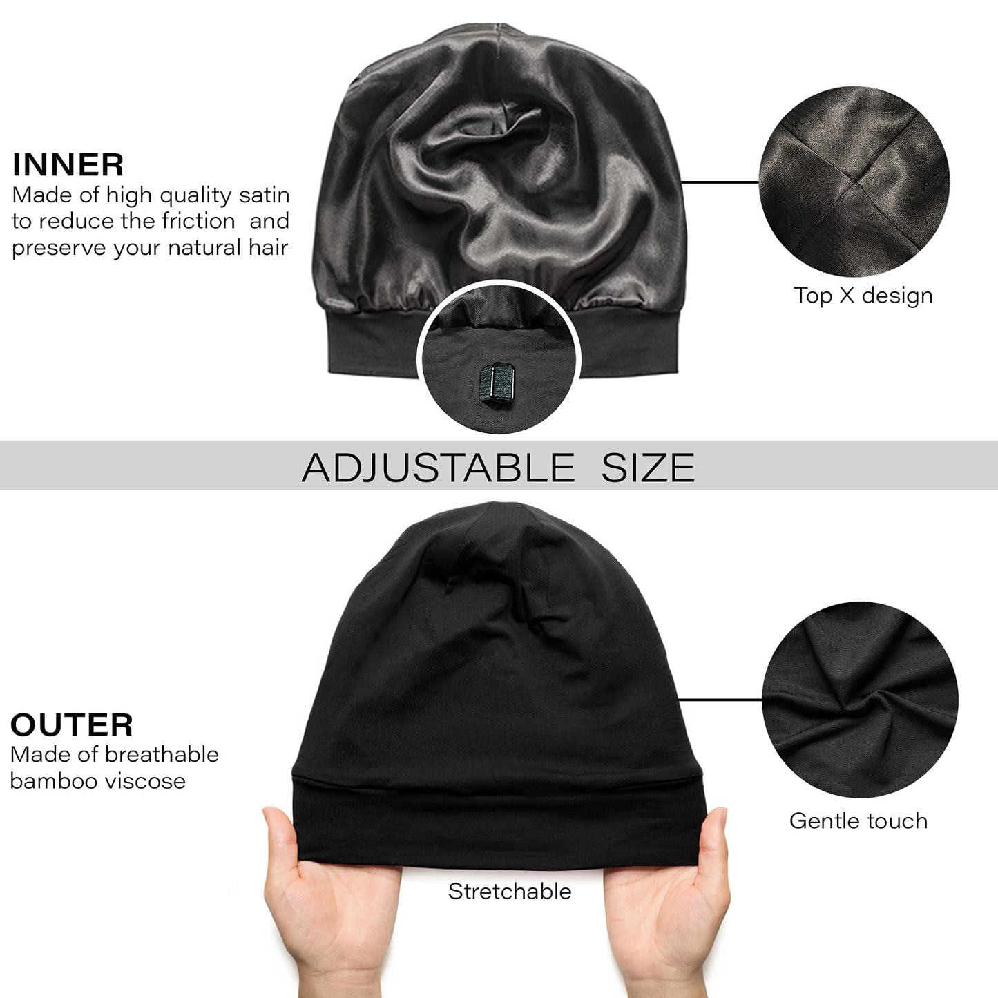 CAPLORD Silk Satin Bonnet Hair Cover Sleep Cap for Sleeping Beanie Hat Adjustable Stay On Headwear Lined Natural Nurse Cap for Women