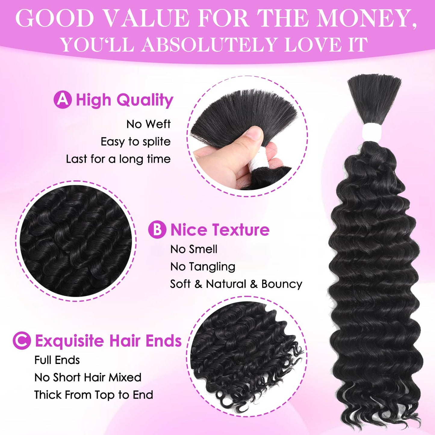 XACIPUZ Human Braiding Hair 2Bundles 130g 18 Inch for Bohemian Braids Deep Wave Bulk Human Hair for Braiding No Weft Hair Extensions for Boho Knotless Braids(1B)