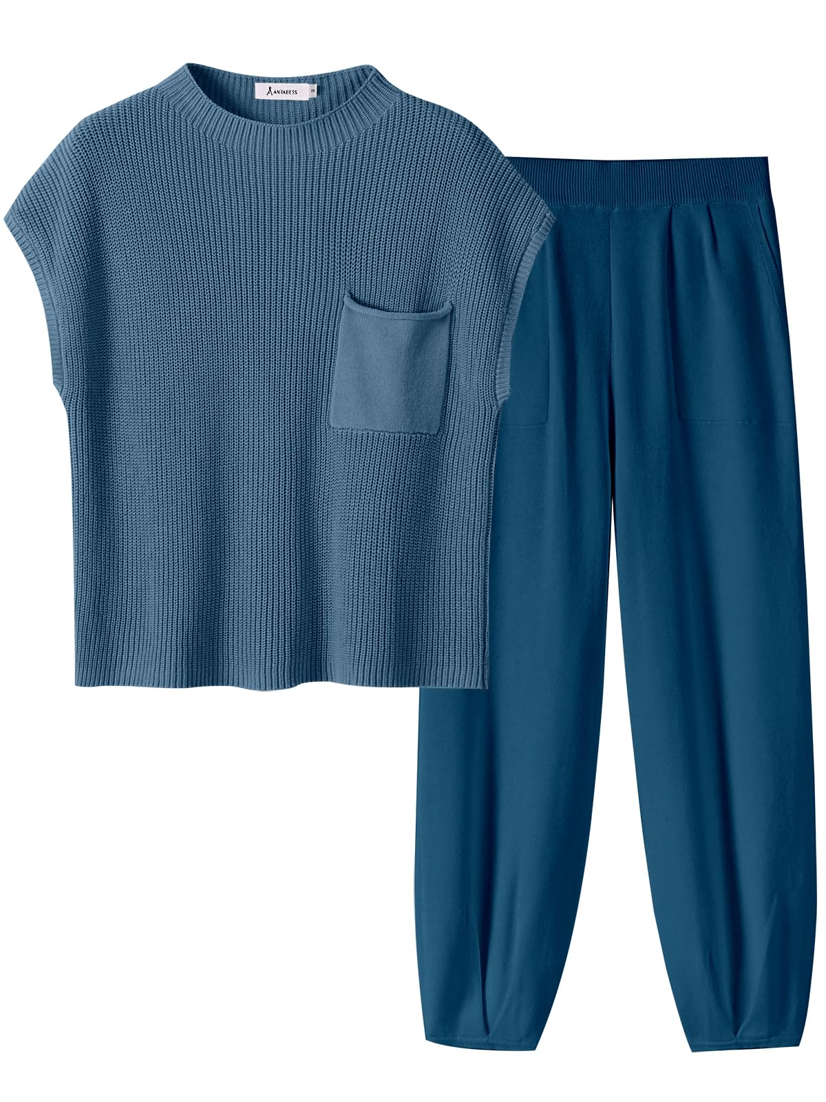 ANRABESS Women's Two Piece Outfits Knit Sweater Pullover Crop Top & Pants Lounge Matching Tracksuit Sweatsuit Sets 2024 Trendy Loungewear Clothes Deep Blue X-Small