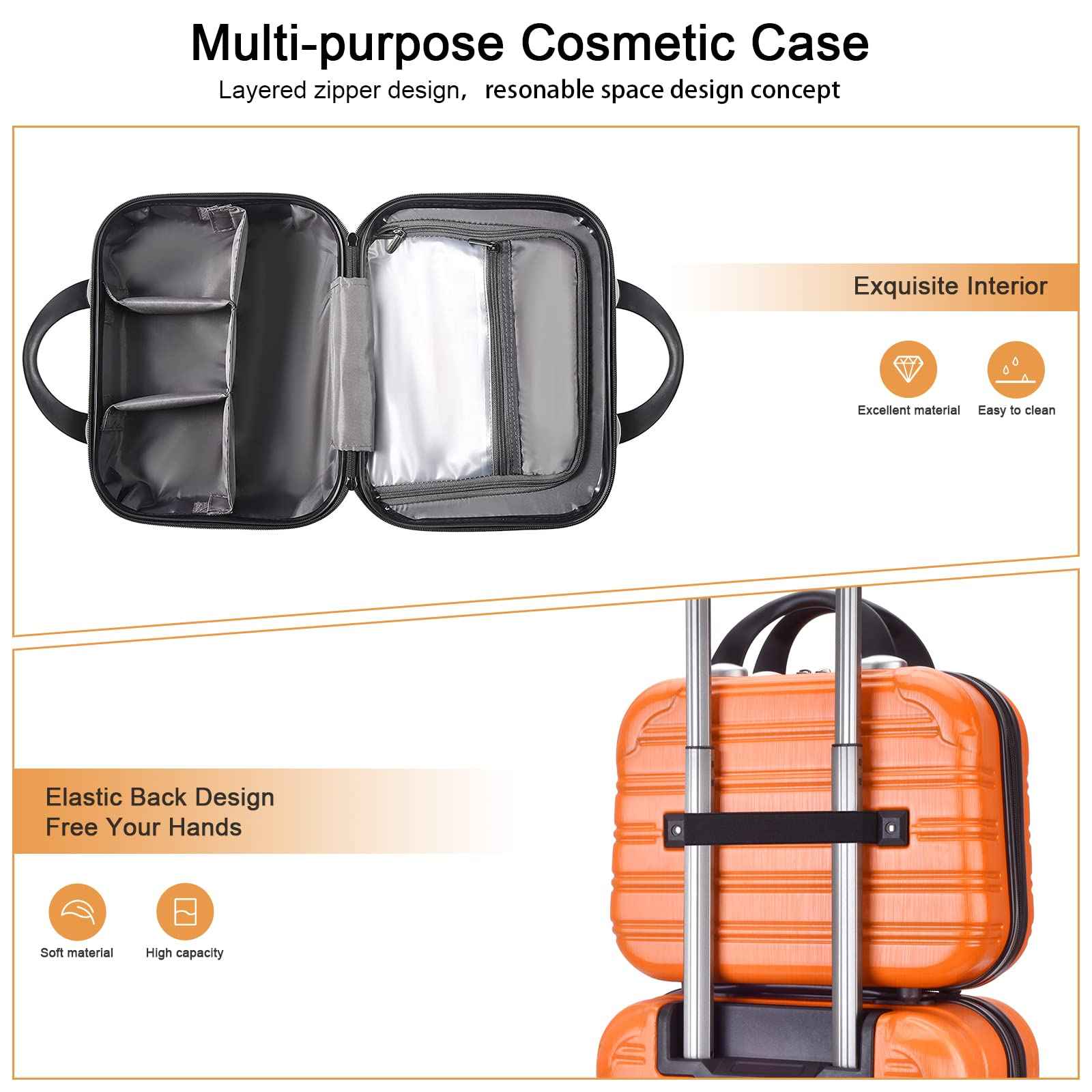 14inch Makeup Train Case PC ABS Cosmetic Case Hardshell Makeup Bag Organizer Toiletry Gifts for Her Travel Outside Activity (orange)