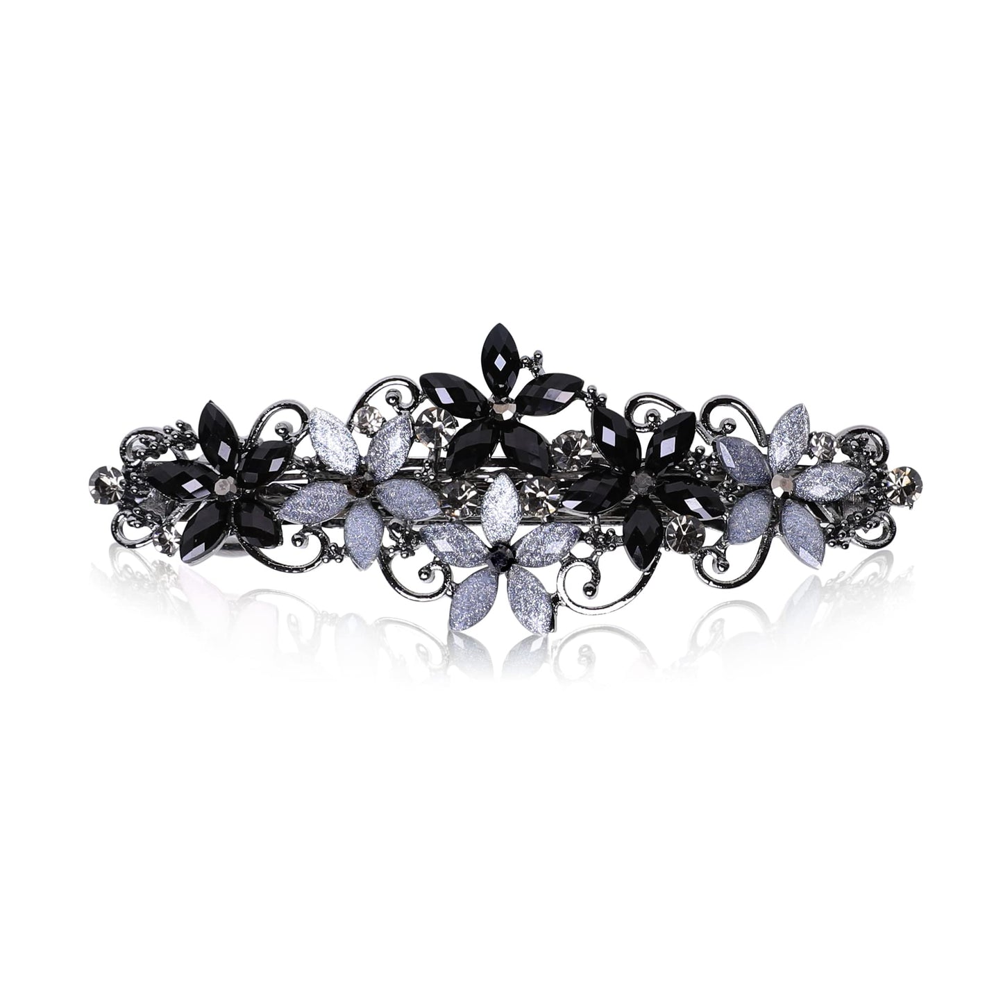 Flower Rhinestone Hair Barrettes for Women Fine Hair Glitter Sparkle Fancy Hair Clips for Women And Girls Elegant Pearl Barrettes (Black&Gray)