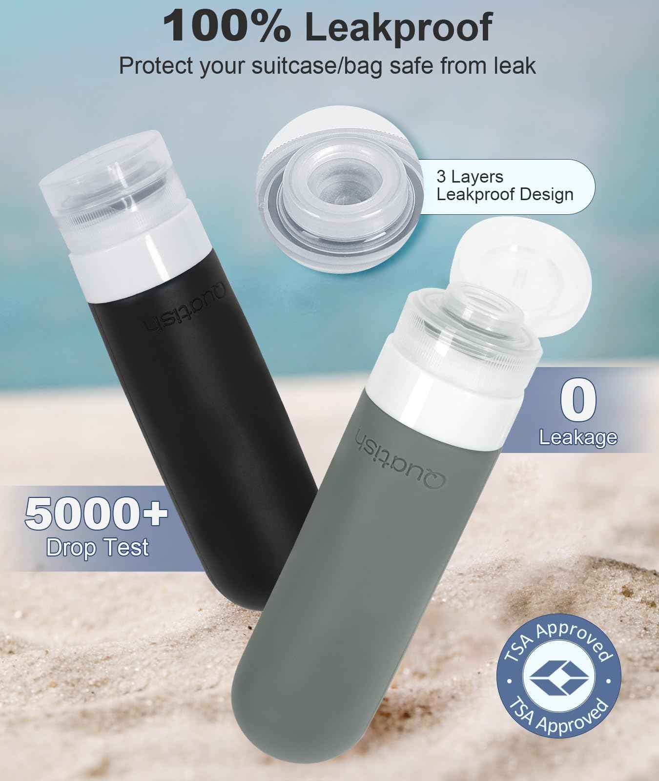 Quatish Travel Bottles for Toiletries 6 Pack, Original Patented Leakproof 3 oz Tsa Approved Travel Size Containers, BPA Free Silicone Shampoo and Conditioner Bottles, Camping Essentials, Black