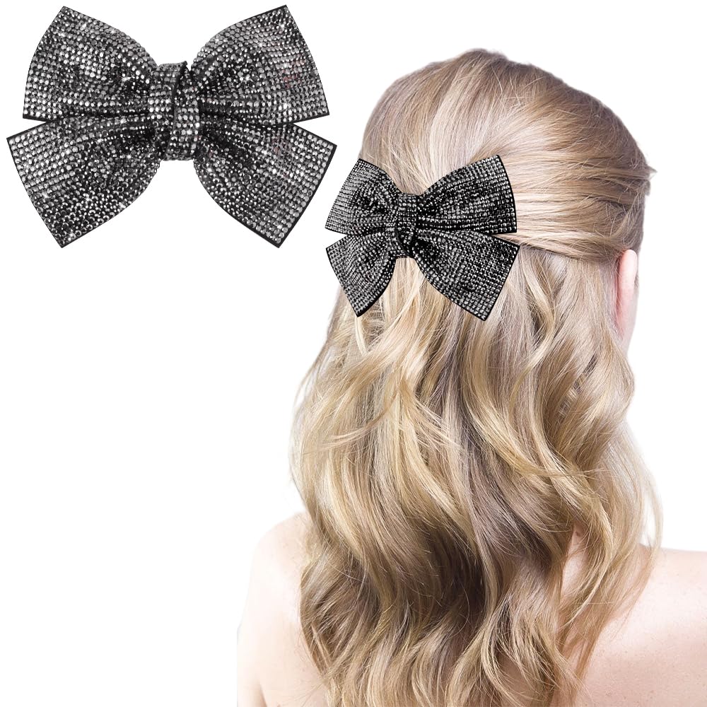 AHONEY Hair Clip - Black Rhinestone Hair Bow, 1 Count, Sparkly Hair Accessories for Women and Girls, Hair Bling Glitter Barrettes, Holiday Hair Clips for Christmas