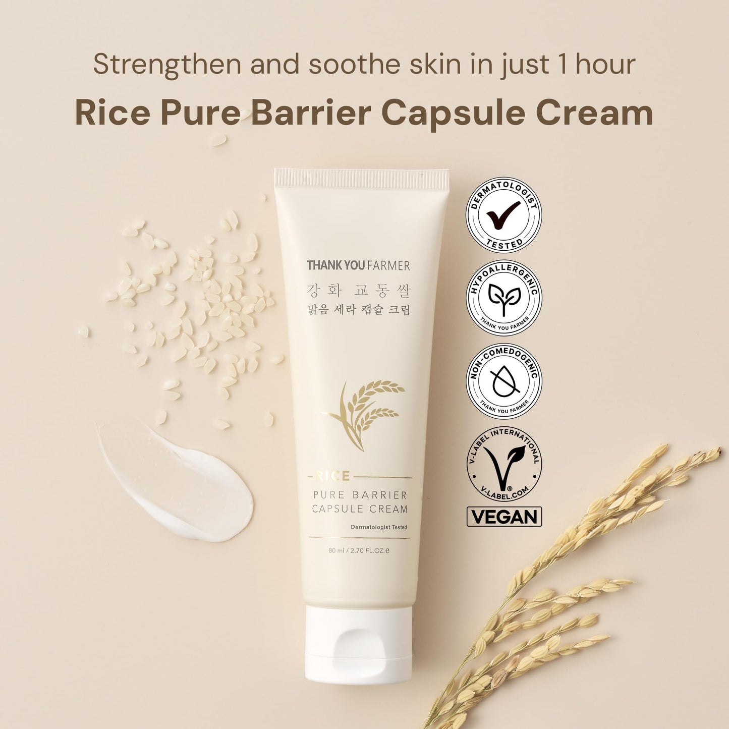 THANKYOU FARMER Rice Pure Barrier Capsule Cream - Moisturizing & Skin Barrier Cream | Hypoallergenic, Dermatologist Tested | Korean Skincare with Ceramide Capsules & Korean Rice Extract