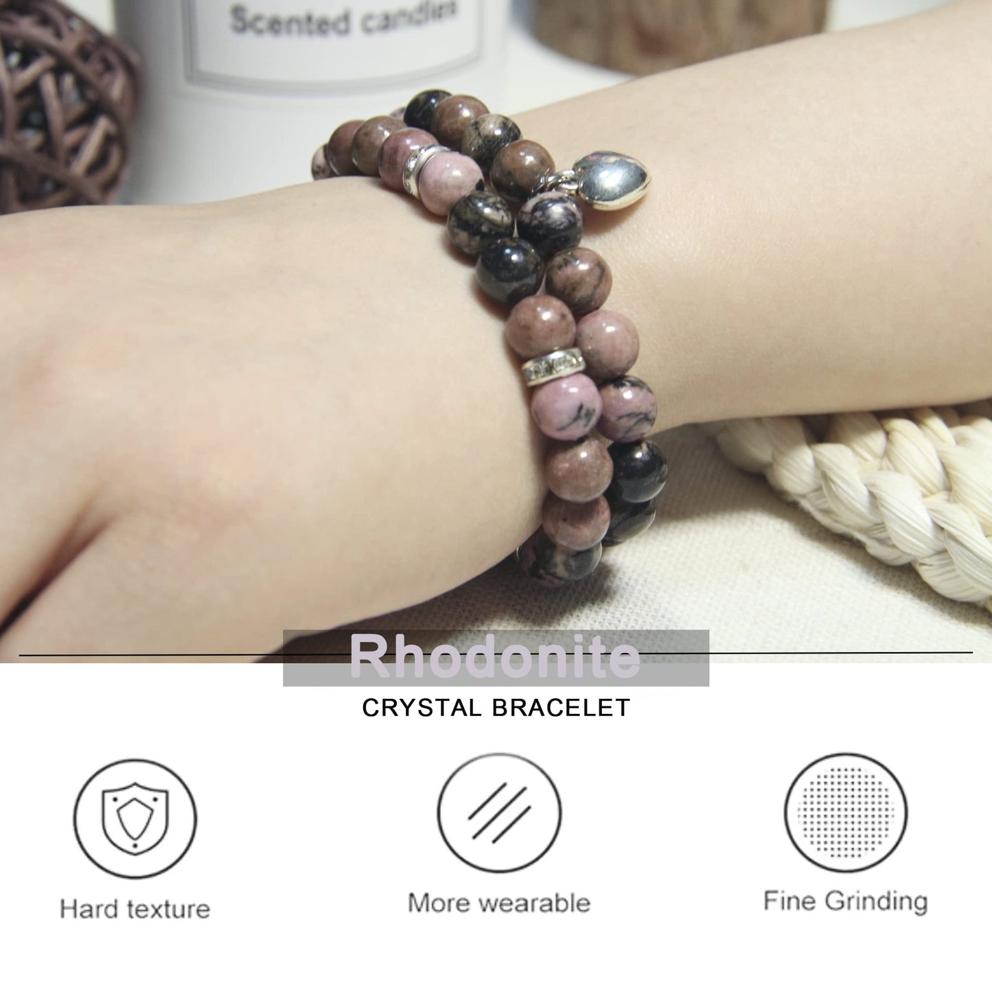 Healing Bracelets for Women - Rhodonite Bracelet - Healing Prayers Crystal Bracelet, 8mm Natural Stone Anti Anxiety Stress Relief Yoga Beads Get Well Soon Gifts