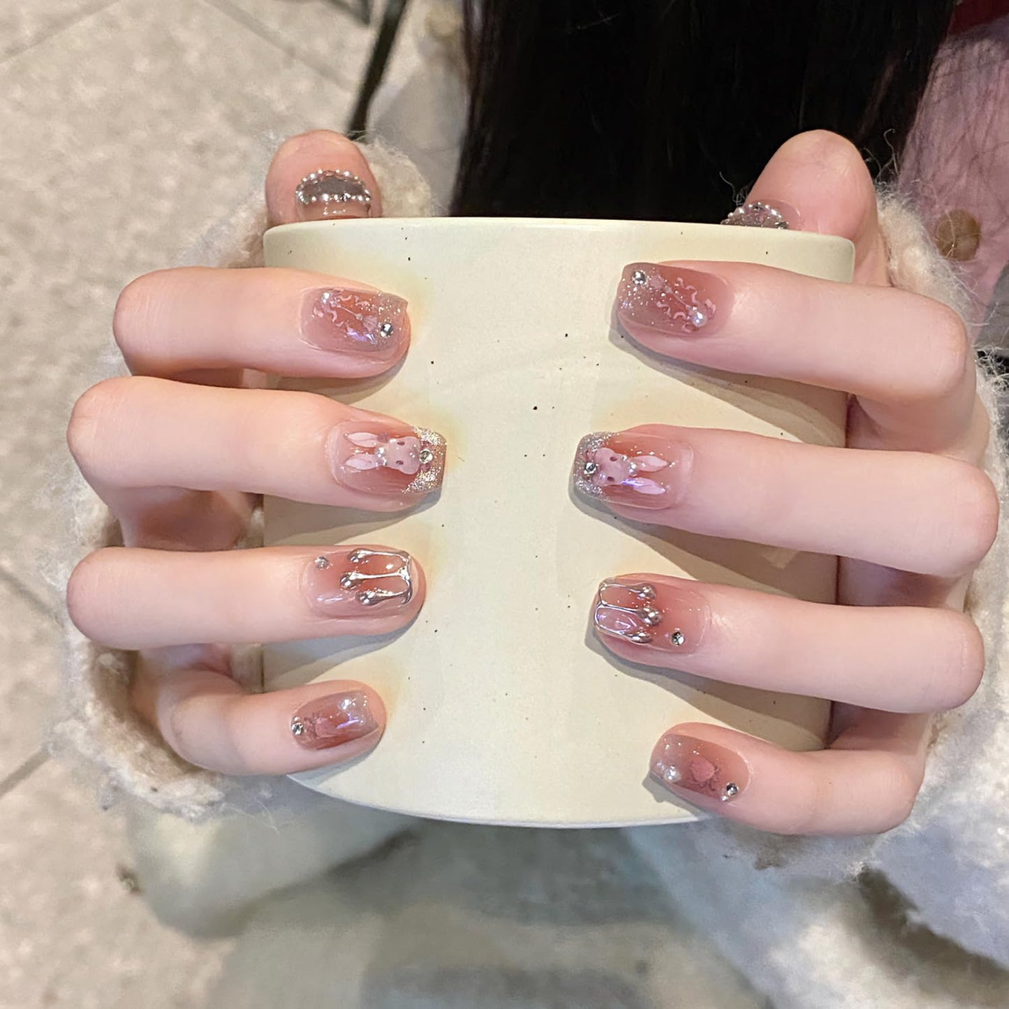 Press On Nails, Wedding False Nails,Reusable Nail Stickers, Artificial Glossy Fake Nails, Press on Fake Nails for Women/Girls(X-SMALL,Rococo)